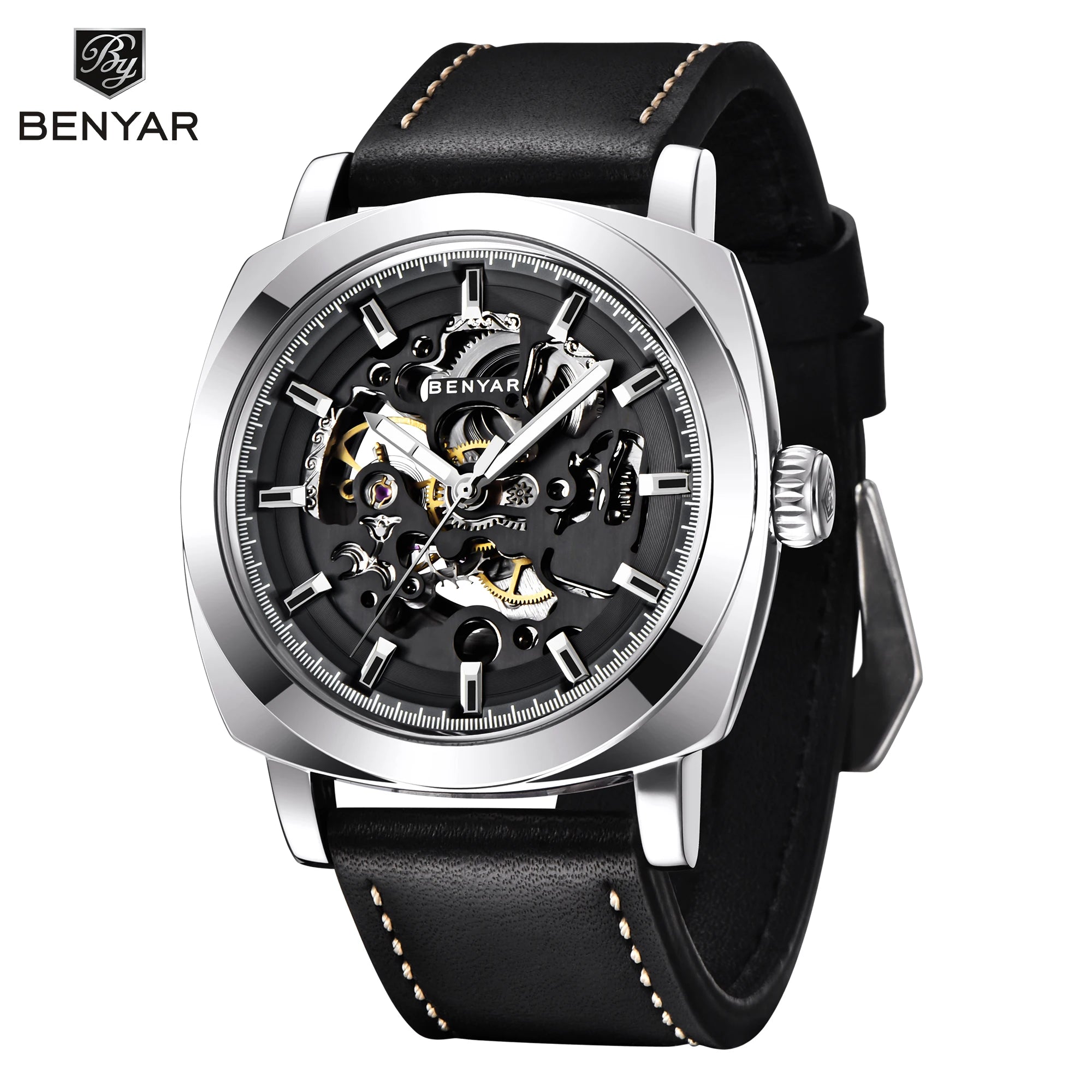 BENYAR Reloj Automático Hombre Esqueleto Esfera Lujo Mecánico Correa de Cuero 44mm Impermeable 30M Reloj Deportivo Elegante Negocios Regalo Hombre