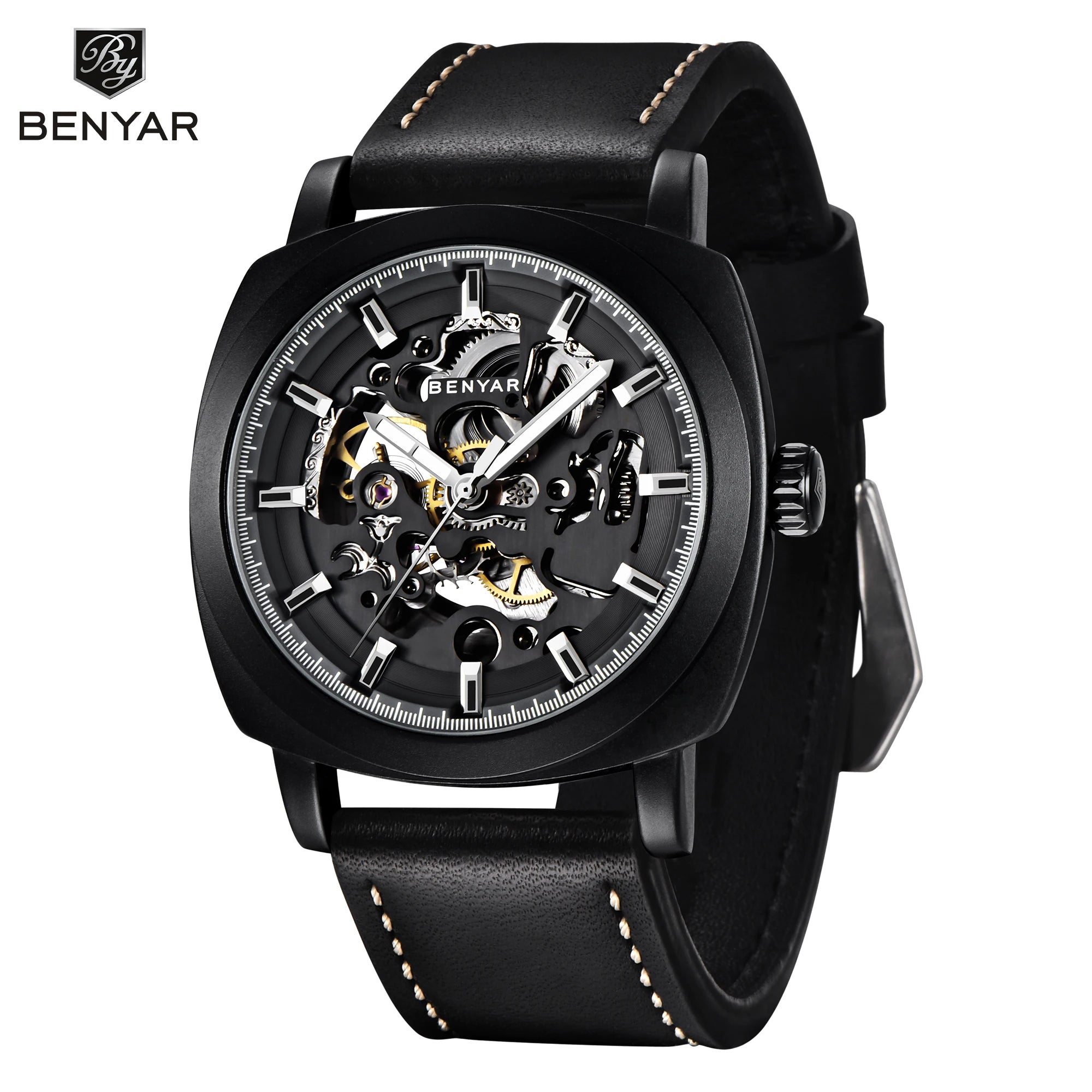 BENYAR Reloj Automático Hombre Esqueleto Esfera Lujo Mecánico Correa de Cuero 44mm Impermeable 30M Reloj Deportivo Elegante Negocios Regalo Hombre