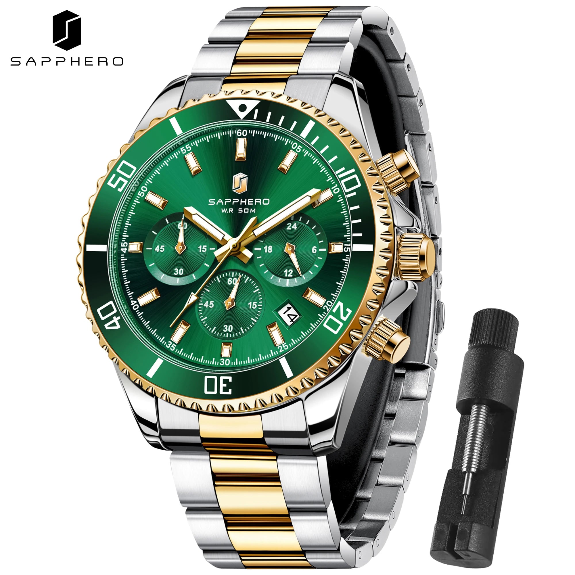 SAPPHERO Reloj Hombre Cuarzo Lujo Cronógrafo Deportivo Acero Inoxidable Impermeable 50M Fecha Luminoso Reloj Elegante Negocios