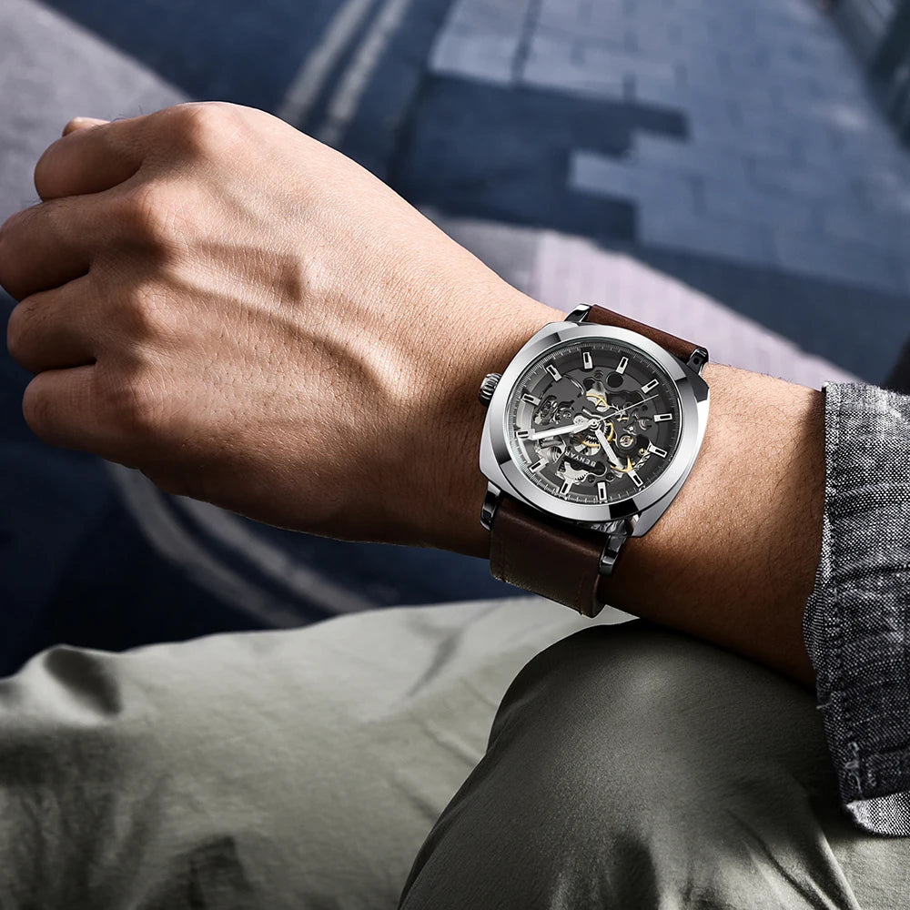 BENYAR Reloj Automático Hombre Esqueleto Esfera Lujo Mecánico Correa de Cuero 44mm Impermeable 30M Reloj Deportivo Elegante Negocios Regalo Hombre
