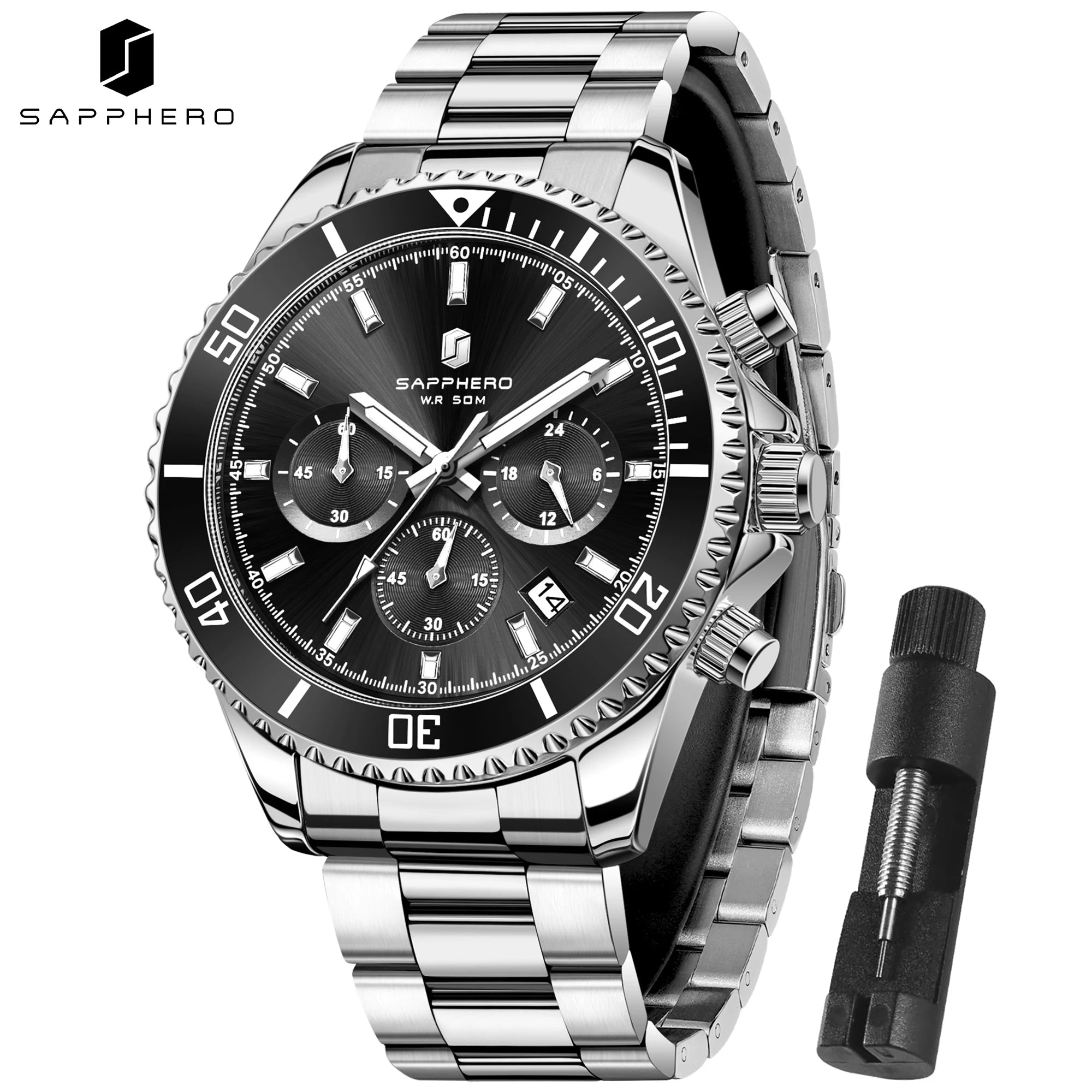 SAPPHERO Reloj Hombre Cuarzo Lujo Cronógrafo Deportivo Acero Inoxidable Impermeable 50M Fecha Luminoso Reloj Elegante Negocios