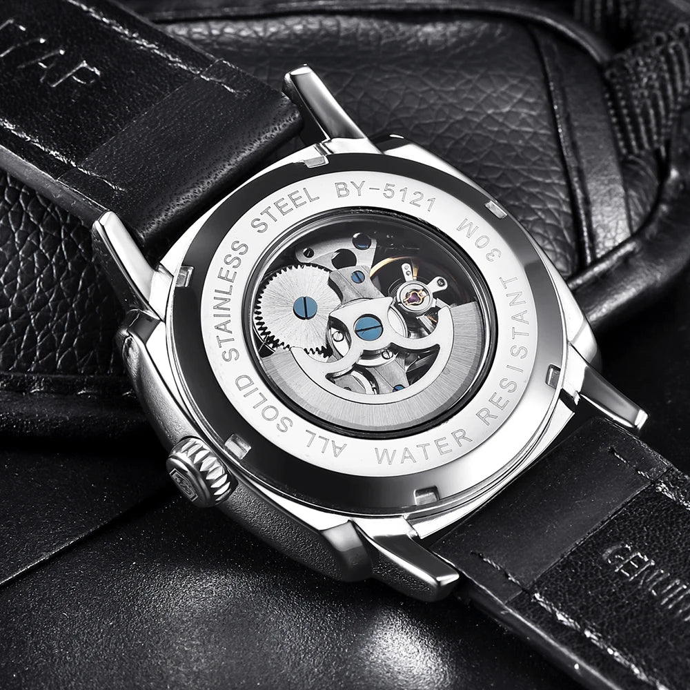 BENYAR Reloj Automático Hombre Esqueleto Esfera Lujo Mecánico Correa de Cuero 44mm Impermeable 30M Reloj Deportivo Elegante Negocios Regalo Hombre