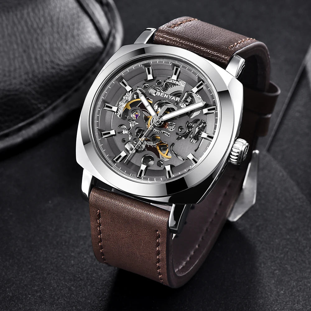 BENYAR Reloj Automático Hombre Esqueleto Esfera Lujo Mecánico Correa de Cuero 44mm Impermeable 30M Reloj Deportivo Elegante Negocios Regalo Hombre