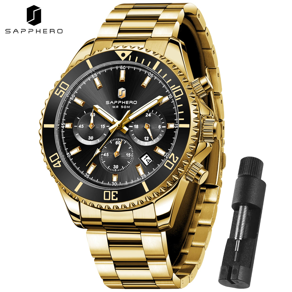 SAPPHERO Reloj Hombre Cuarzo Lujo Cronógrafo Deportivo Acero Inoxidable Impermeable 50M Fecha Luminoso Reloj Elegante Negocios