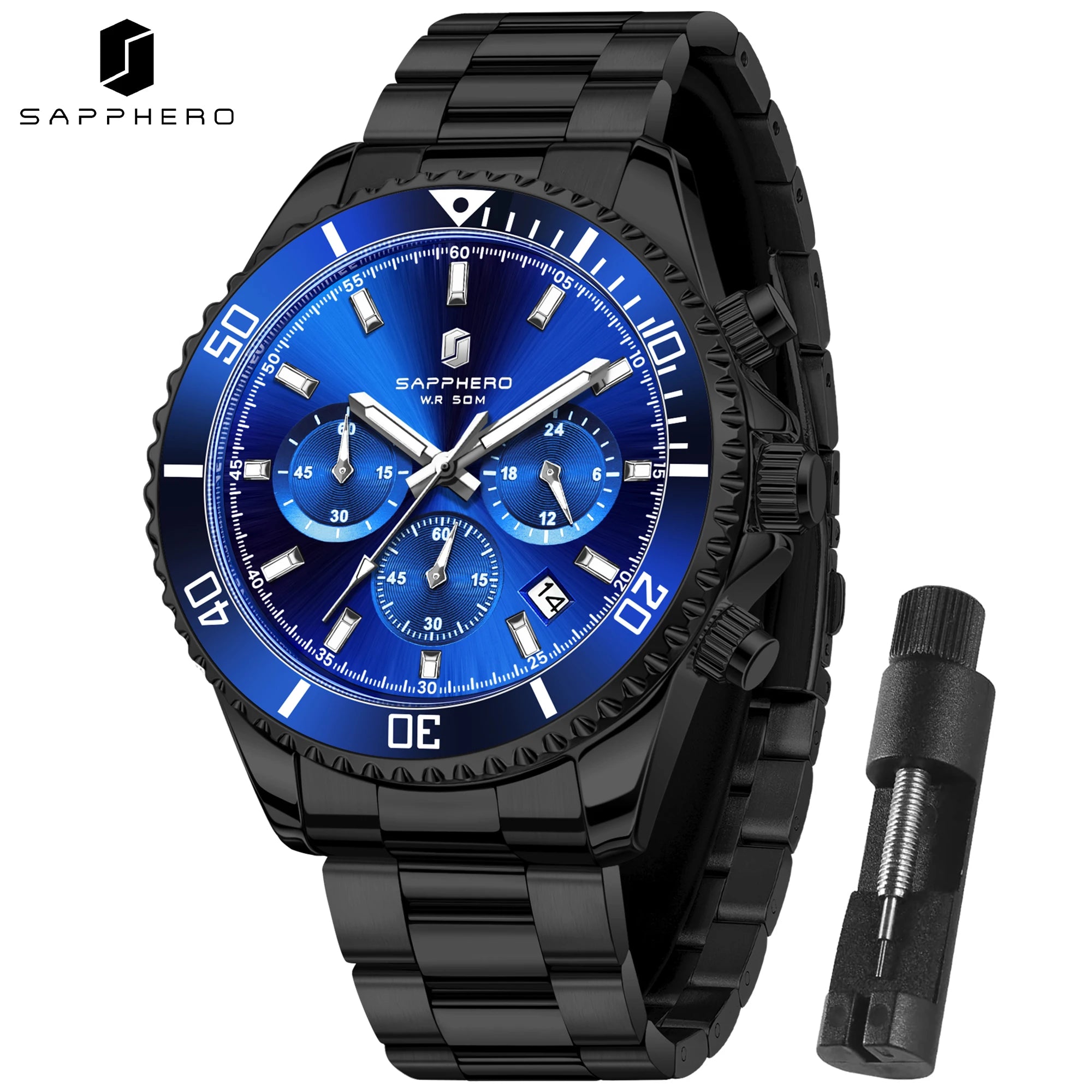 SAPPHERO Reloj Hombre Cuarzo Lujo Cronógrafo Deportivo Acero Inoxidable Impermeable 50M Fecha Luminoso Reloj Elegante Negocios