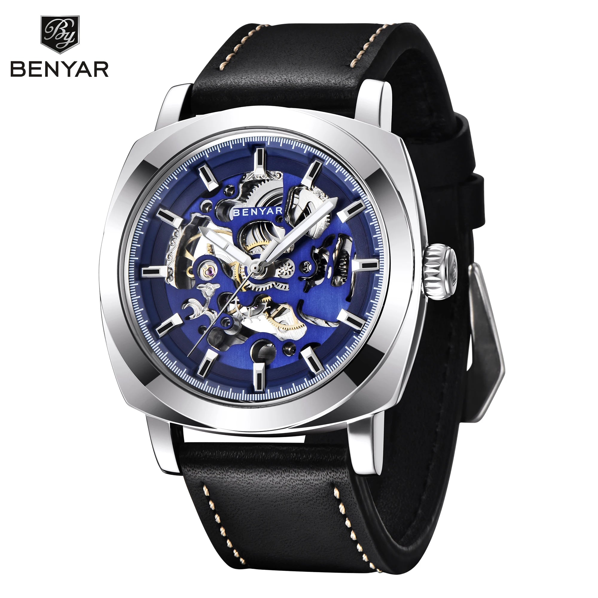 BENYAR Reloj Automático Hombre Esqueleto Esfera Lujo Mecánico Correa de Cuero 44mm Impermeable 30M Reloj Deportivo Elegante Negocios Regalo Hombre