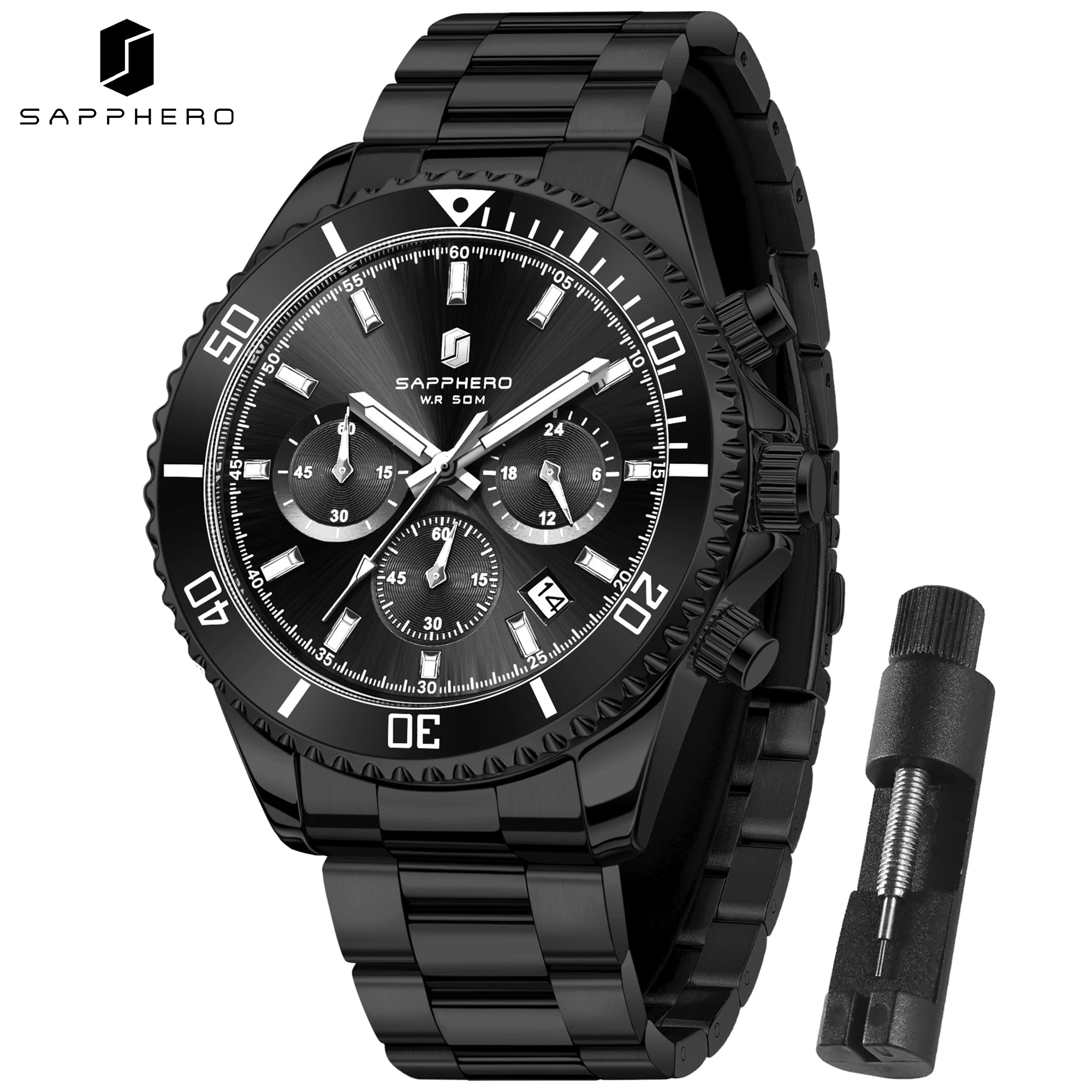 SAPPHERO Reloj Hombre Cuarzo Lujo Cronógrafo Deportivo Acero Inoxidable Impermeable 50M Fecha Luminoso Reloj Elegante Negocios