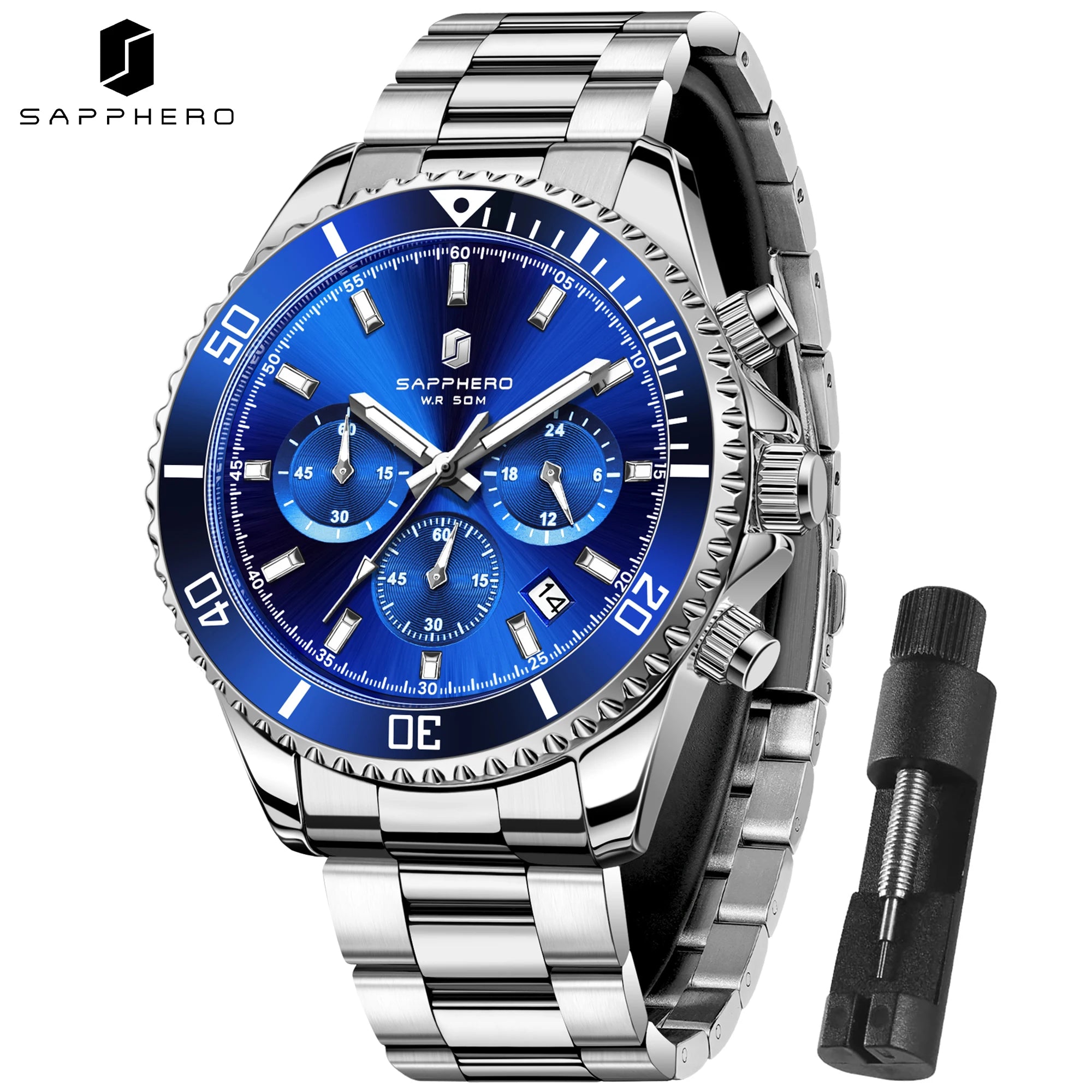 SAPPHERO Reloj Hombre Cuarzo Lujo Cronógrafo Deportivo Acero Inoxidable Impermeable 50M Fecha Luminoso Reloj Elegante Negocios