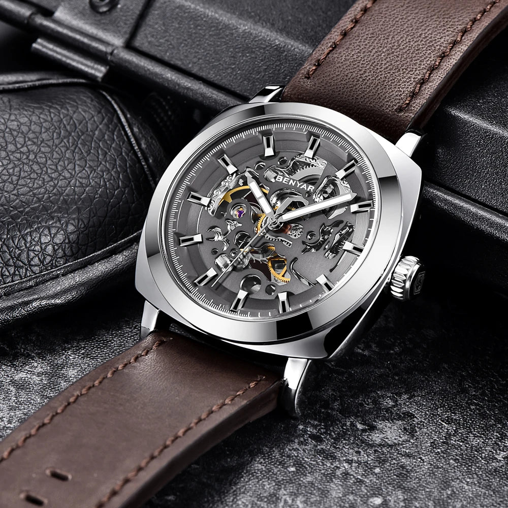 BENYAR Reloj Automático Hombre Esqueleto Esfera Lujo Mecánico Correa de Cuero 44mm Impermeable 30M Reloj Deportivo Elegante Negocios Regalo Hombre