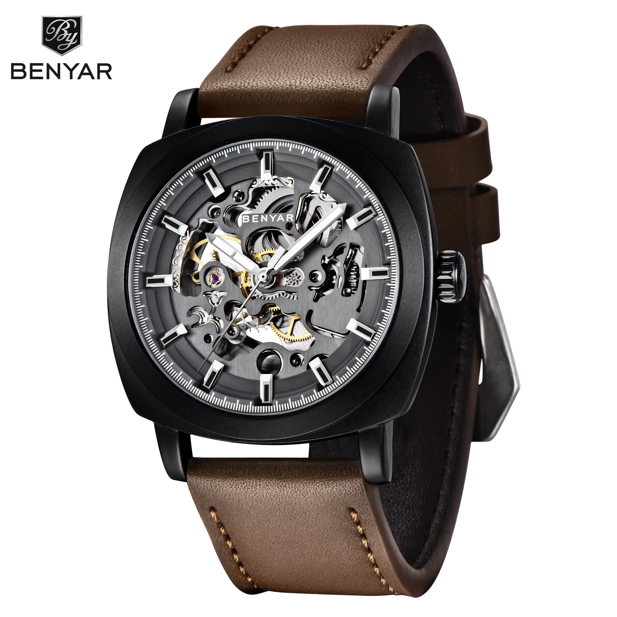 BENYAR Reloj Automático Hombre Esqueleto Esfera Lujo Mecánico Correa de Cuero 44mm Impermeable 30M Reloj Deportivo Elegante Negocios Regalo Hombre