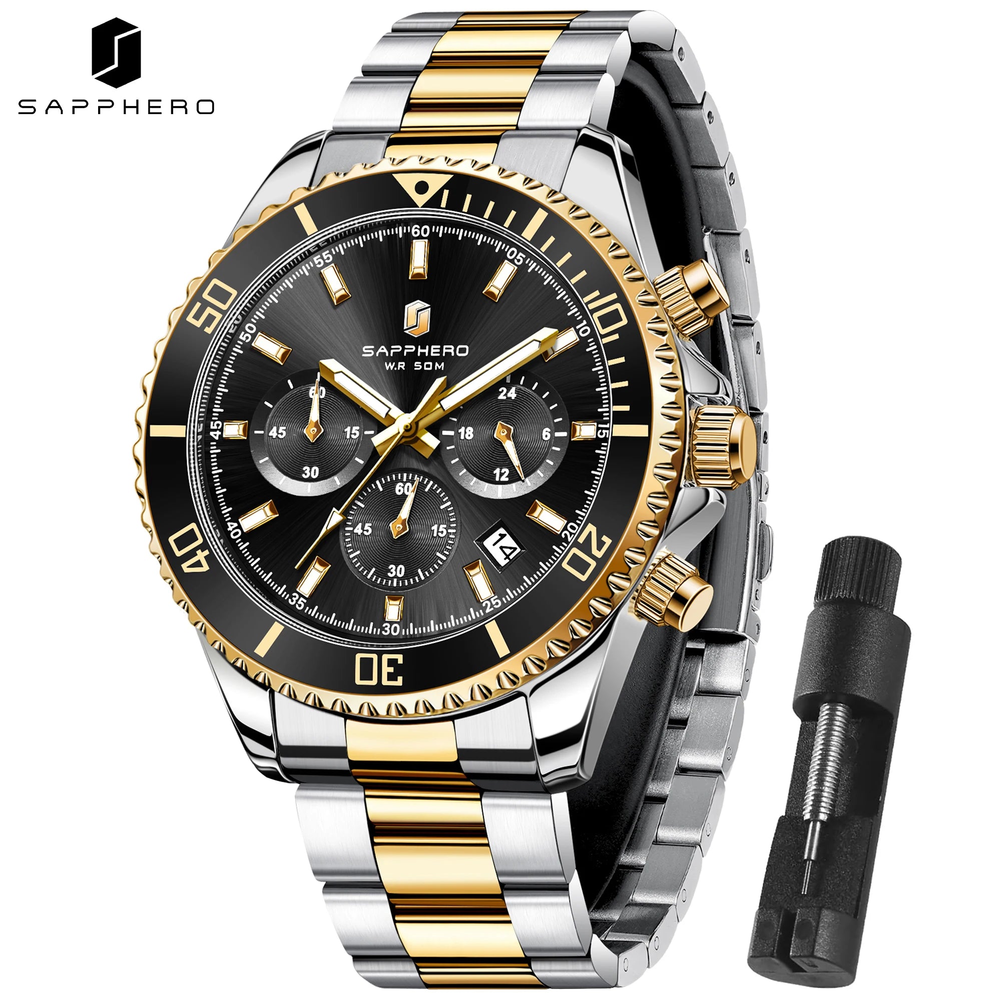 SAPPHERO Reloj Hombre Cuarzo Lujo Cronógrafo Deportivo Acero Inoxidable Impermeable 50M Fecha Luminoso Reloj Elegante Negocios