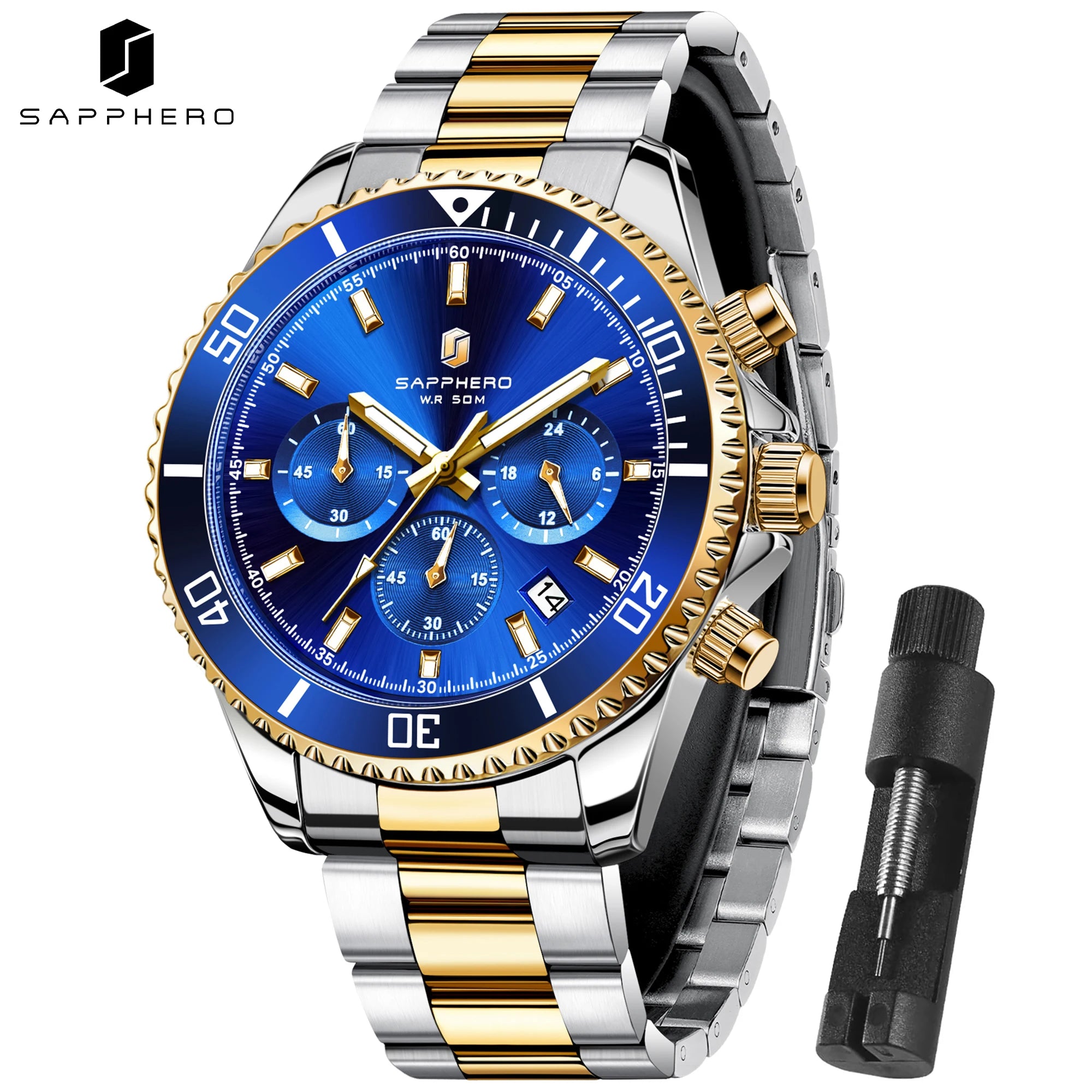 SAPPHERO Reloj Hombre Cuarzo Lujo Cronógrafo Deportivo Acero Inoxidable Impermeable 50M Fecha Luminoso Reloj Elegante Negocios