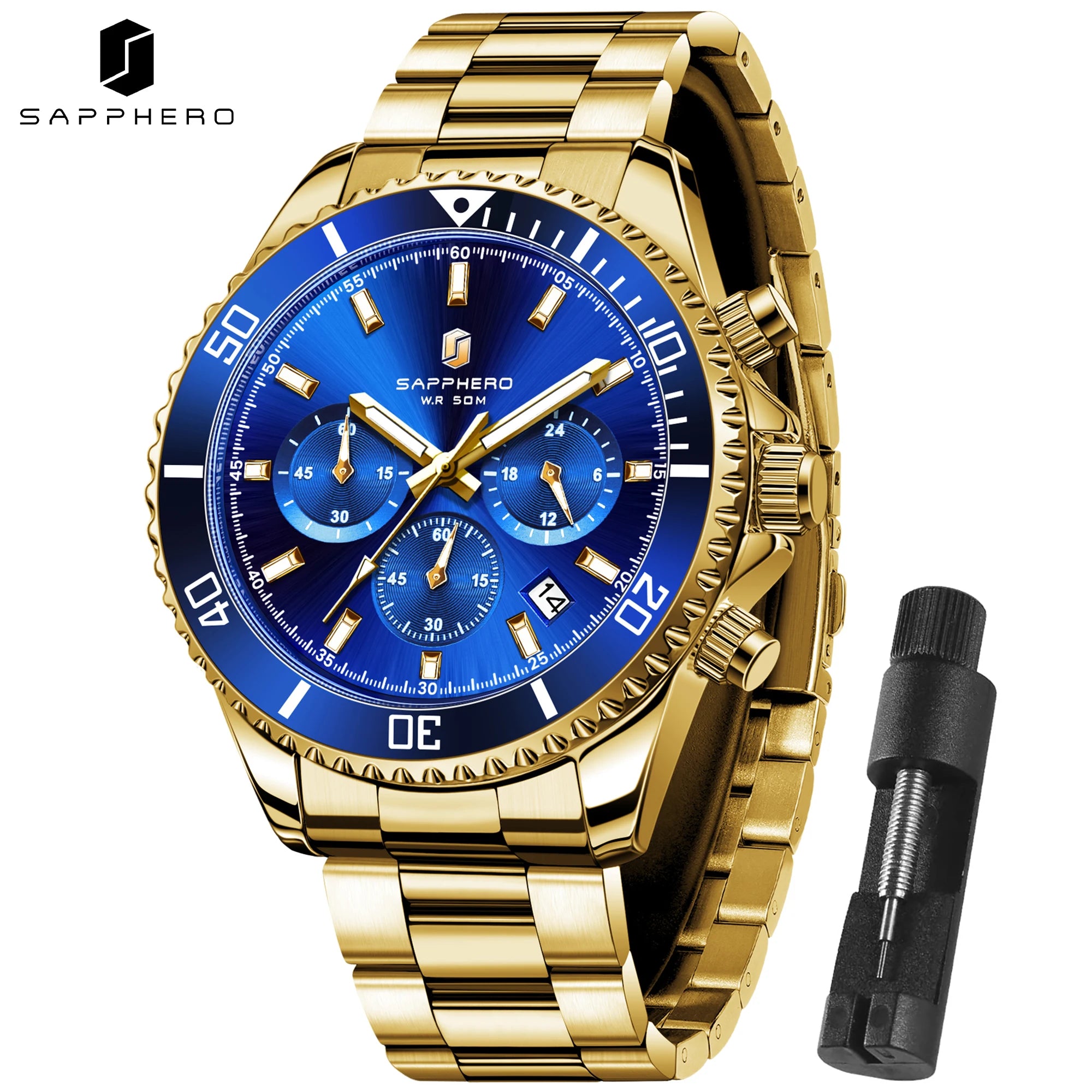 SAPPHERO Reloj Hombre Cuarzo Lujo Cronógrafo Deportivo Acero Inoxidable Impermeable 50M Fecha Luminoso Reloj Elegante Negocios
