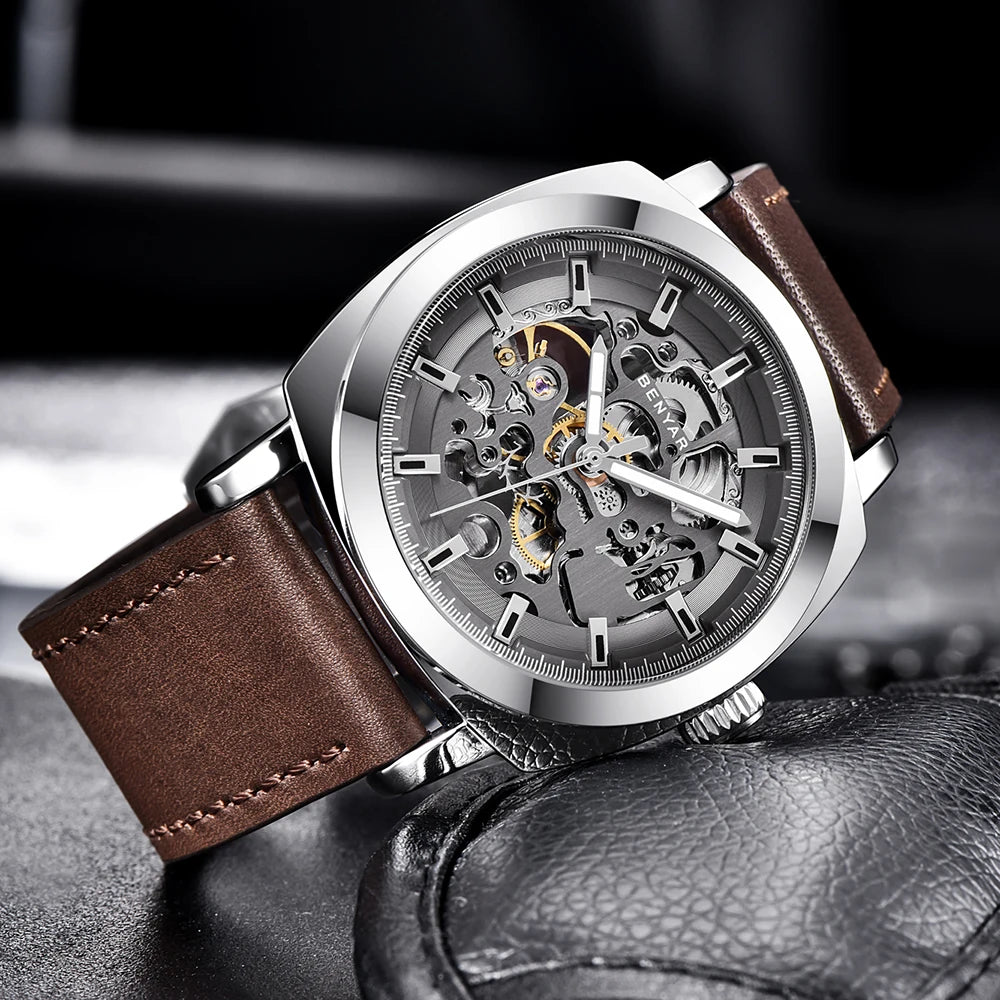 BENYAR Reloj Automático Hombre Esqueleto Esfera Lujo Mecánico Correa de Cuero 44mm Impermeable 30M Reloj Deportivo Elegante Negocios Regalo Hombre