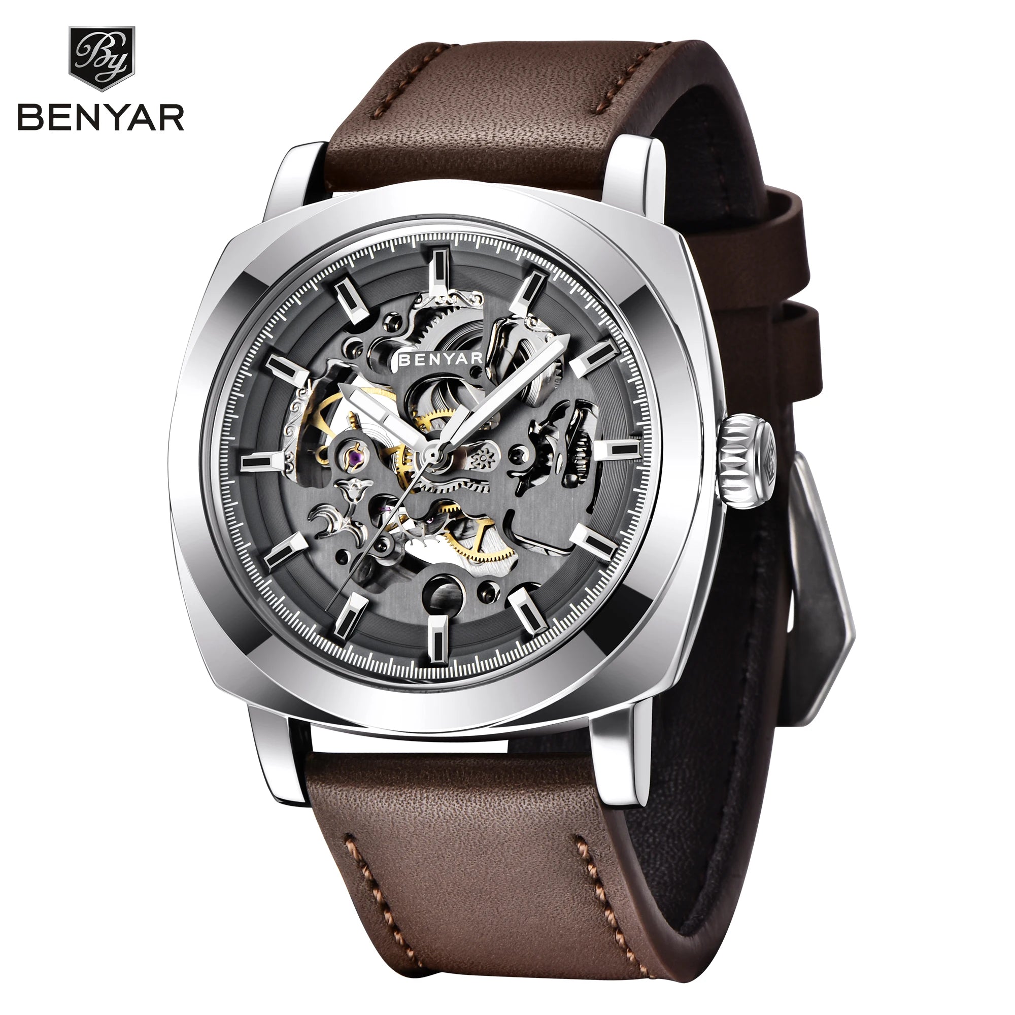 BENYAR Reloj Automático Hombre Esqueleto Esfera Lujo Mecánico Correa de Cuero 44mm Impermeable 30M Reloj Deportivo Elegante Negocios Regalo Hombre
