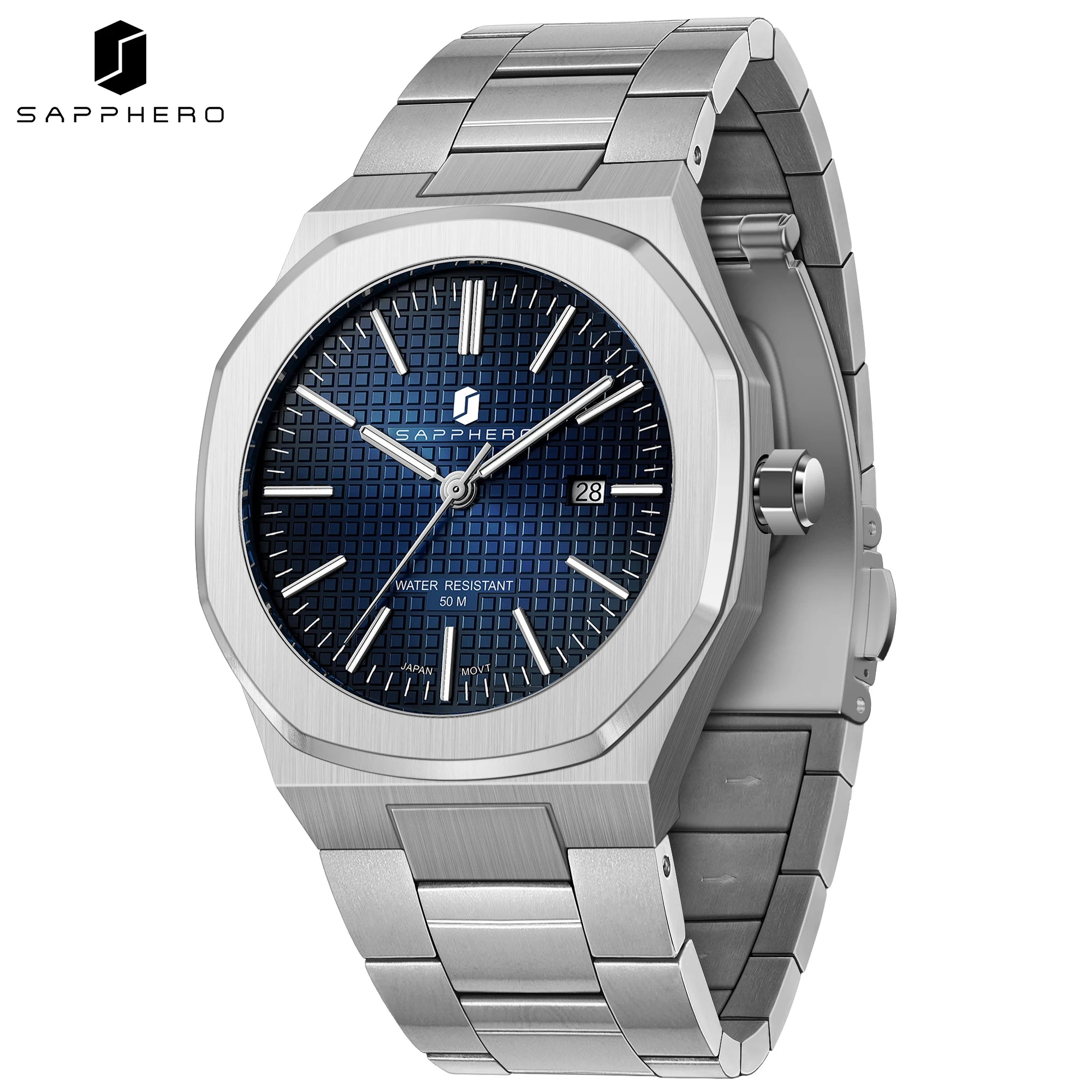 Reloj de cuarzo SAPPHERO para hombre, de acero inoxidable, resistente al agua hasta 50M, con indicador de fecha, manecillas luminosas, reloj de pulsera elegante para negocios, regalo duradero