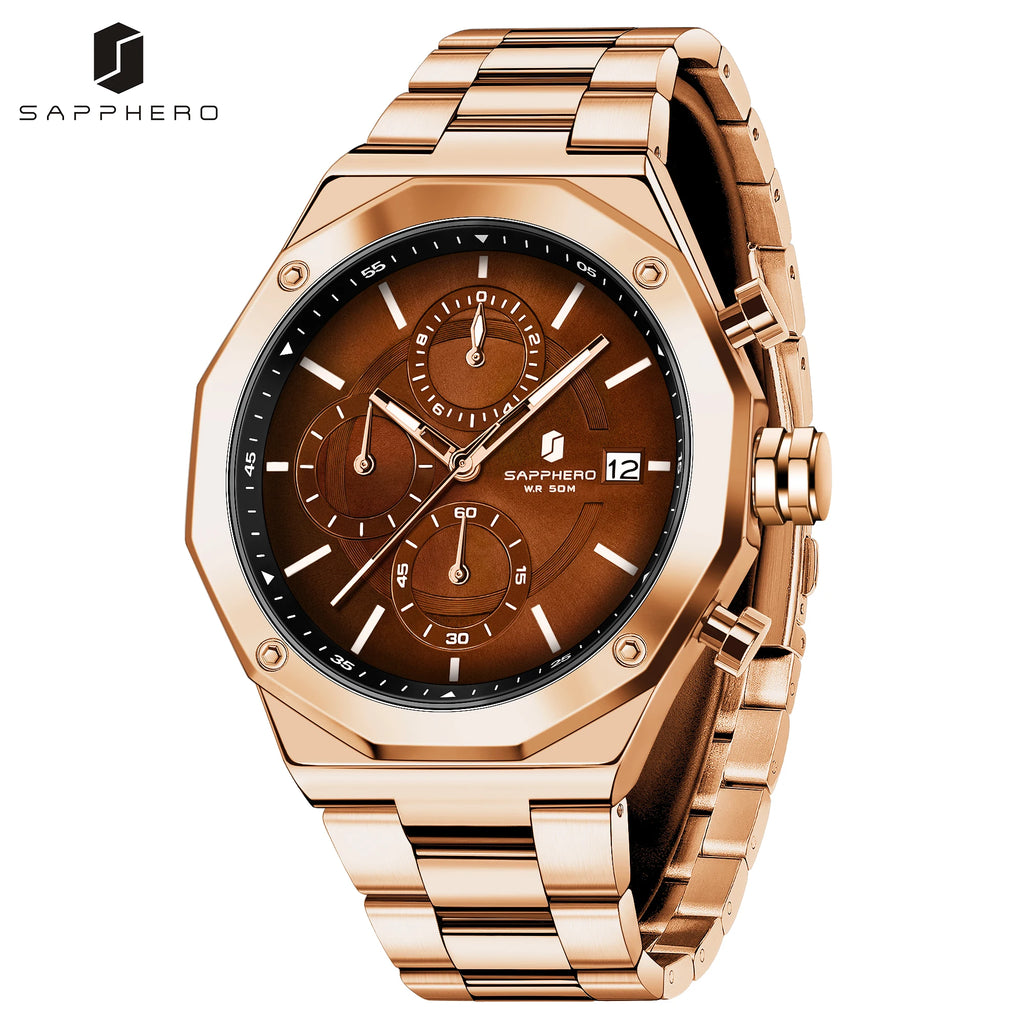 SAPHERO Reloj Cronógrafo Hombre de Cuarzo 5ATM Impermeable Acero Inoxidable con Fecha, Regalo Perfecto para Padre, Esposo, Novio para Navidad, Cumpleaños, San Valentín