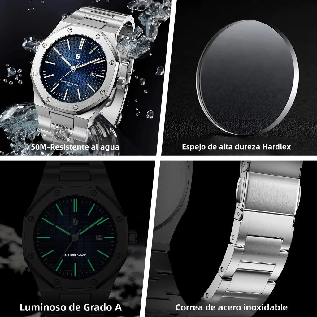 SAPPHERO Reloj analógico hombre, acero inoxidable movimiento cuarzo alta precisión, visualización fecha, impermeable 50M, estilo negocio casual, resistente arañazos duradero, regalo ideal cumpleaños fiesta uso diario l