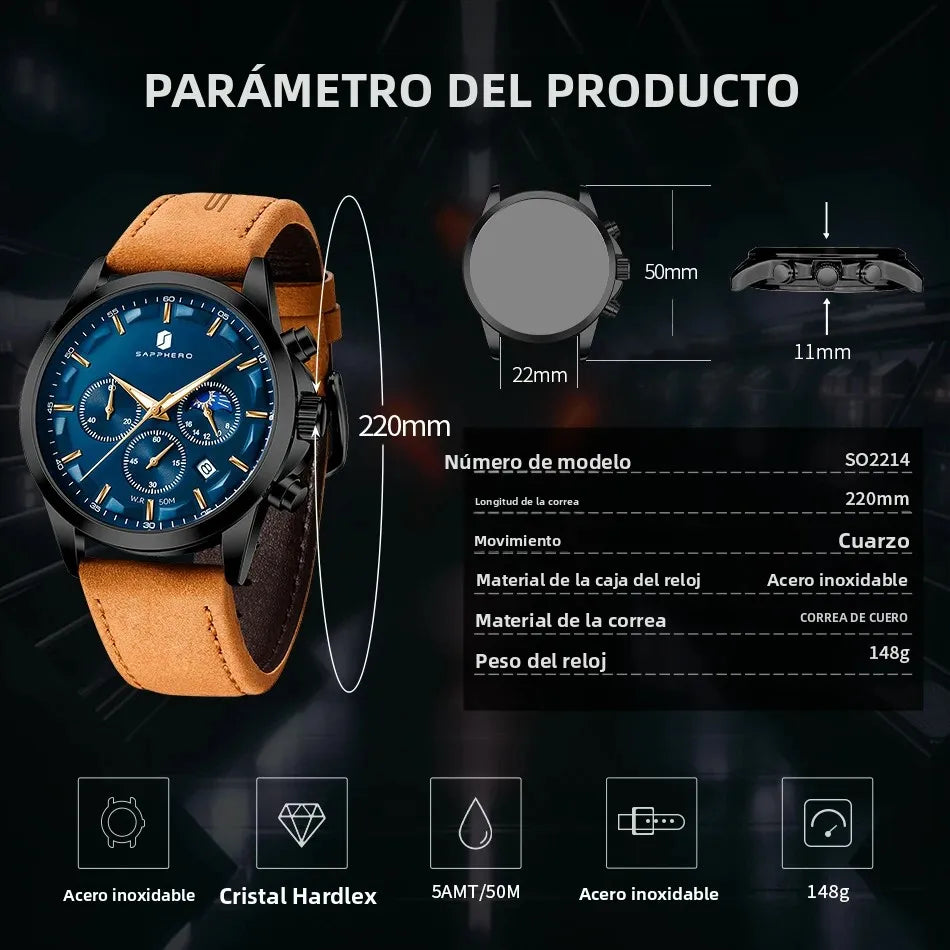 SAPPHERO Reloj Cronógrafo de Cuarzo para Hombre, Impermeable 5ATM, Cristal Hardlex, Correa de Cuero, Reloj Deportivo, Regalo Perfecto para Hombres