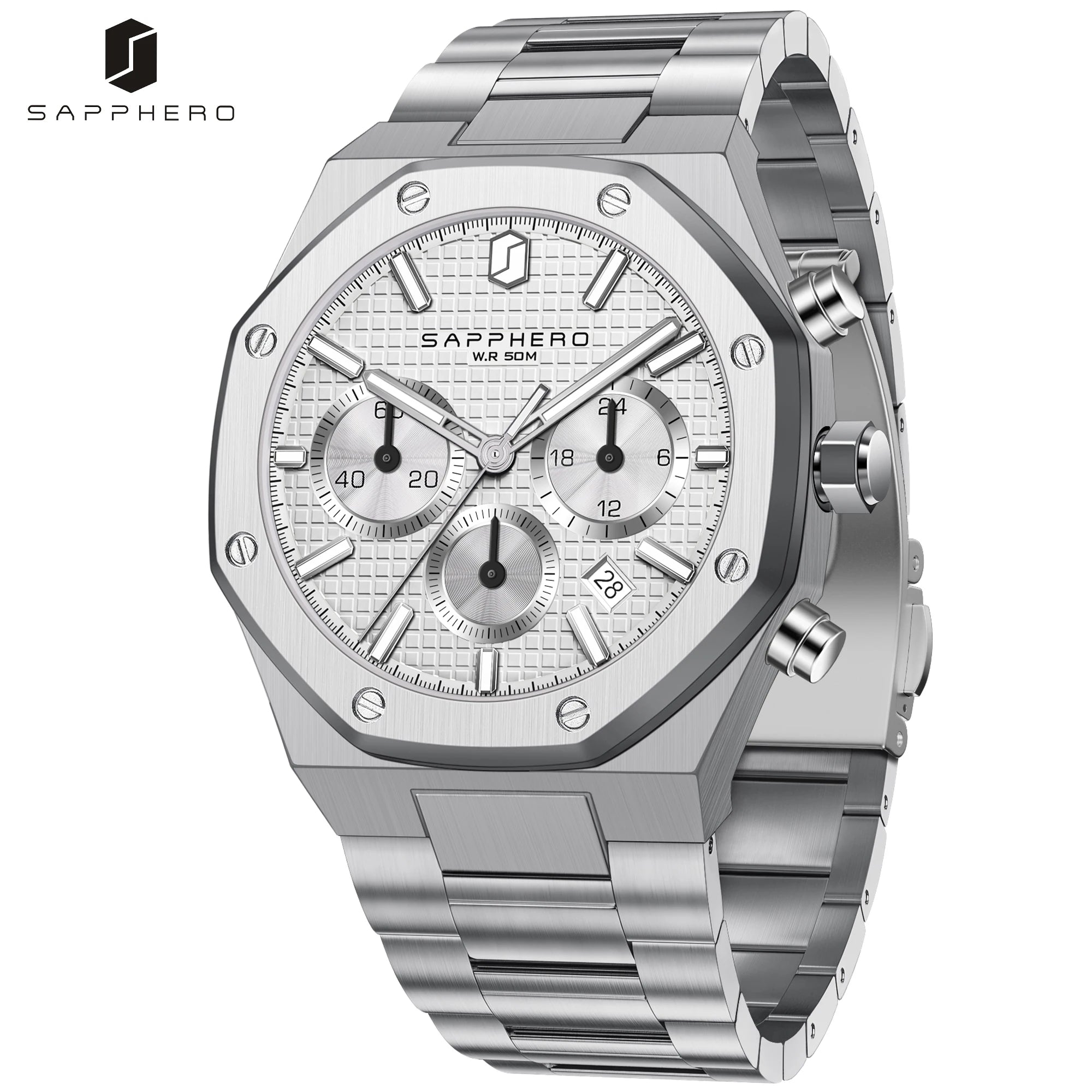 SAPPHERO Reloj Cronógrafo Hombre Cuarzo Resistente al Agua 50M Correa Acero Inoxidable Lujo Deportivo Negocios Esfera Azul Diseño Elegante Alta Precisión Ideal para Uso Diario Oficina y Regalo