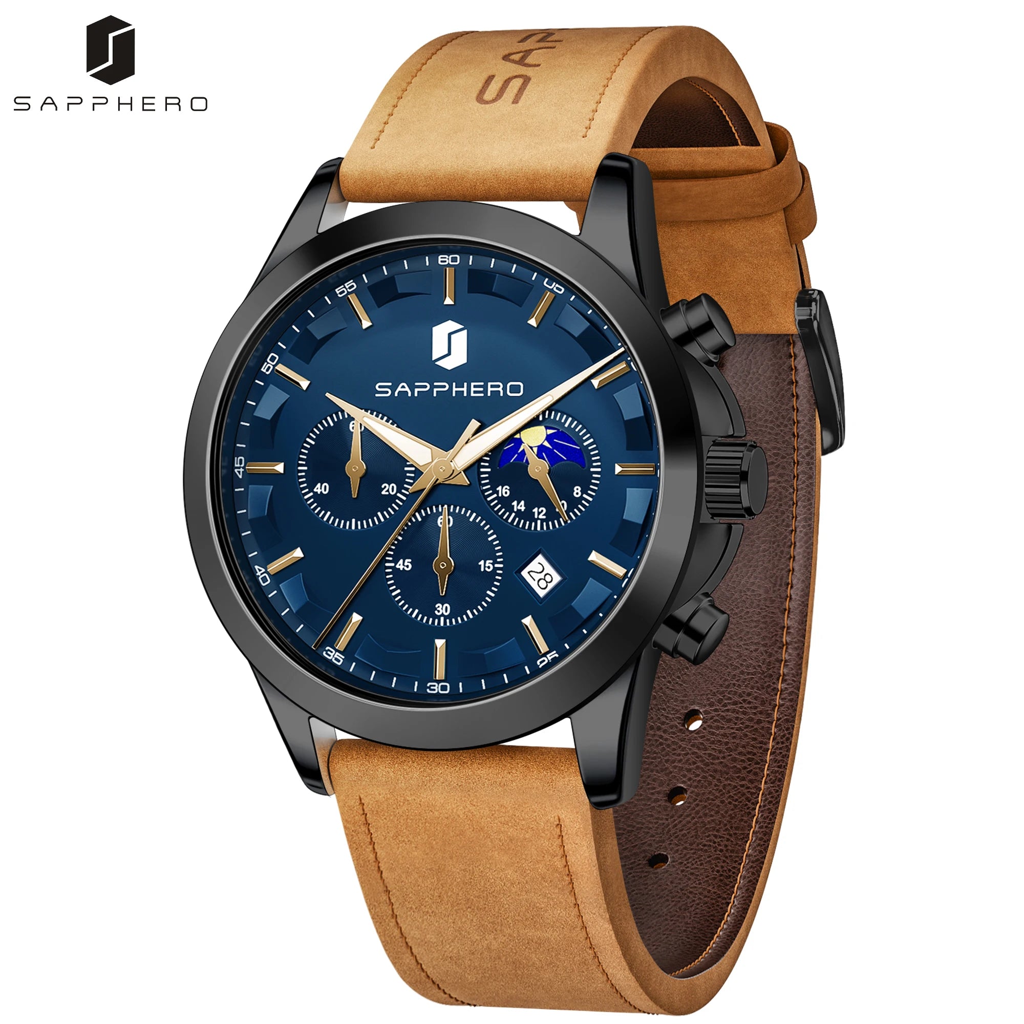 SAPPHERO Reloj Cronógrafo de Cuarzo para Hombre, Impermeable 5ATM, Cristal Hardlex, Correa de Cuero, Reloj Deportivo, Regalo Perfecto para Hombres