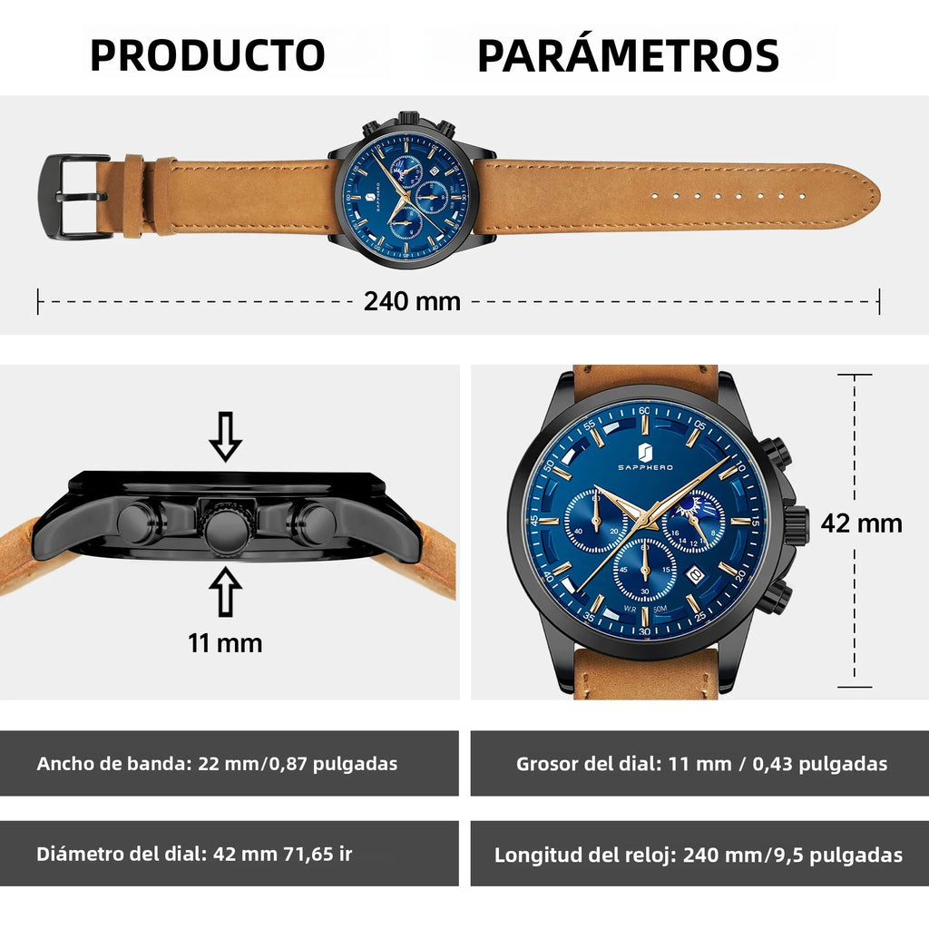 SAPPHERO Reloj Cronógrafo de Cuarzo para Hombre, Impermeable 5ATM, Cristal Hardlex, Correa de Cuero, Reloj Deportivo, Regalo Perfecto para Hombres