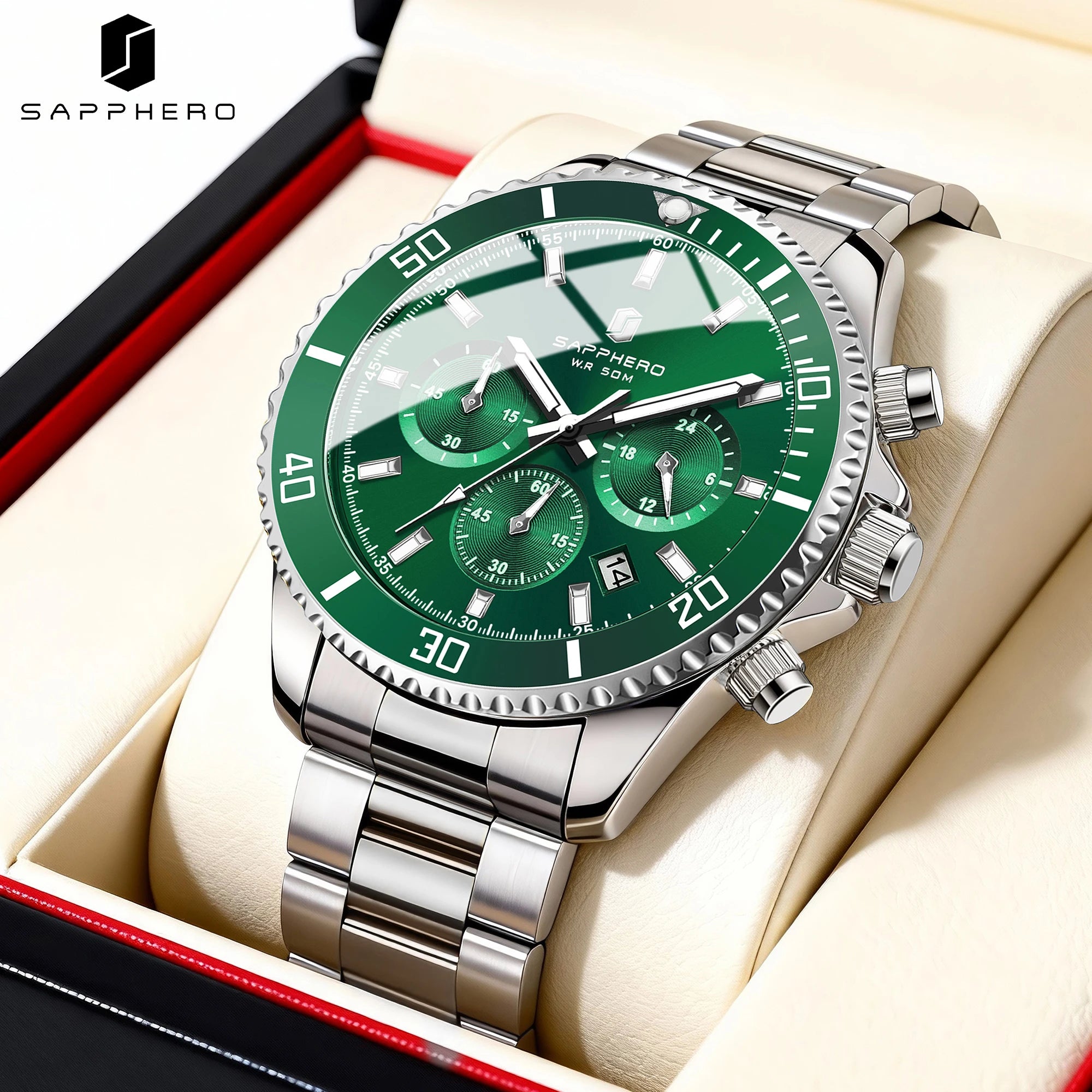 SAPPHERO Reloj Hombre Cuarzo Lujo Cronógrafo Deportivo Acero Inoxidable Impermeable 50M Fecha Luminoso Reloj Elegante Negocios