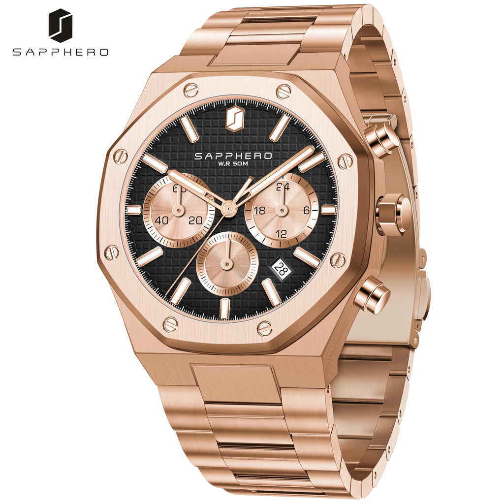 SAPPHERO Reloj Cronógrafo Hombre Cuarzo Resistente al Agua 50M Correa Acero Inoxidable Lujo Deportivo Negocios Esfera Azul Diseño Elegante Alta Precisión Ideal para Uso Diario Oficina y Regalo
