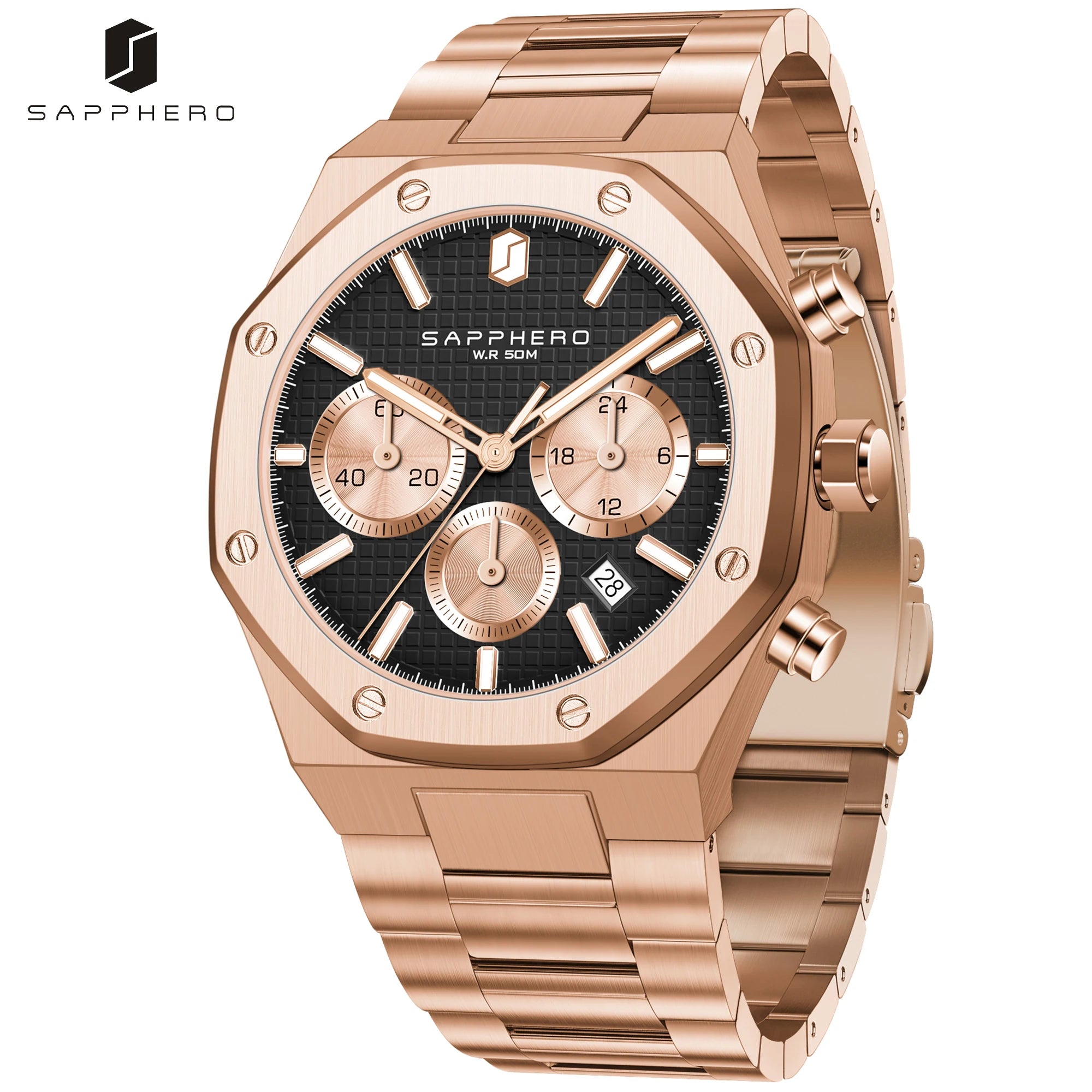 SAPPHERO Reloj Cronógrafo Hombre Cuarzo Resistente al Agua 50M Correa Acero Inoxidable Lujo Deportivo Negocios Esfera Azul Diseño Elegante Alta Precisión Ideal para Uso Diario Oficina y Regalo