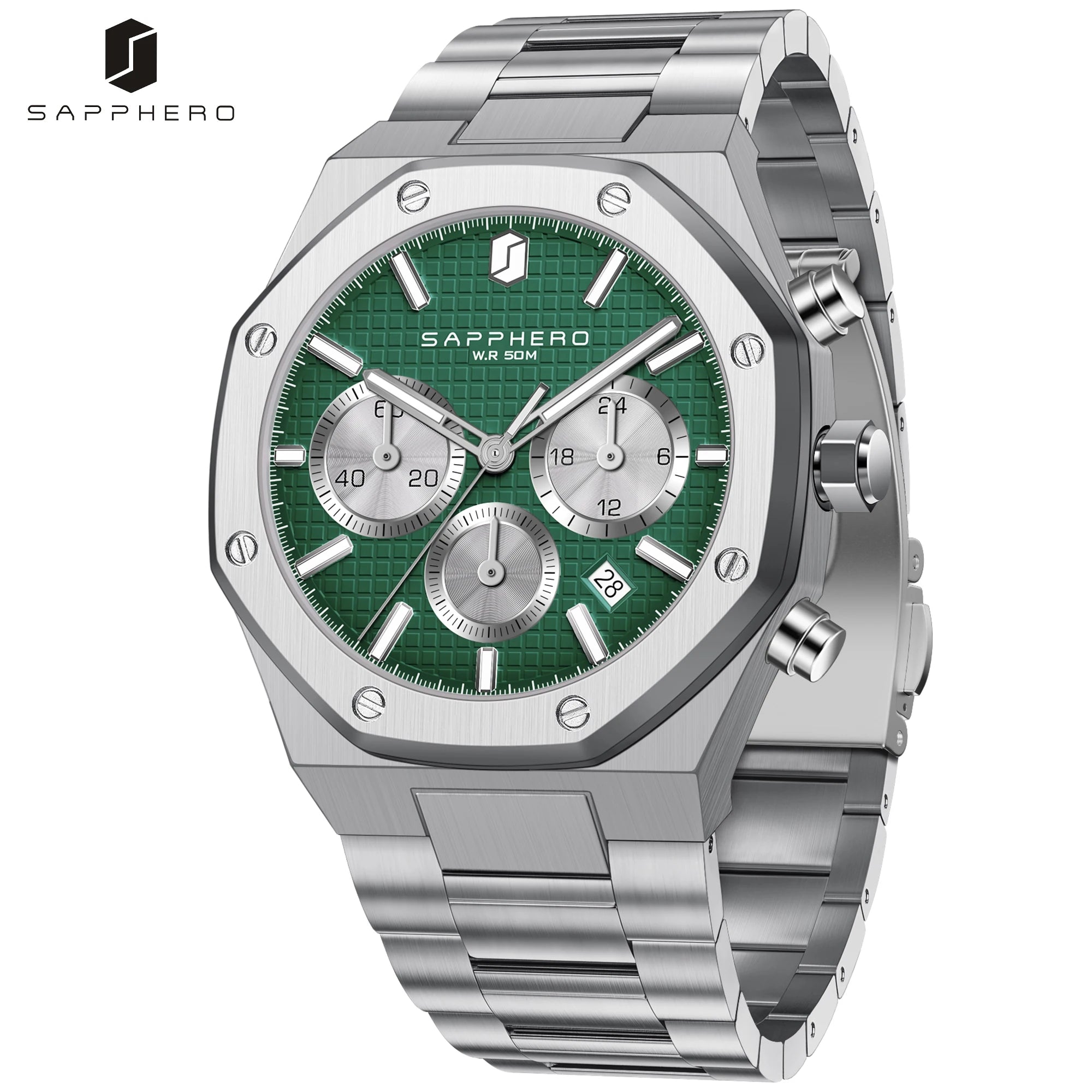 SAPPHERO Reloj Cronógrafo Hombre Cuarzo Resistente al Agua 50M Correa Acero Inoxidable Lujo Deportivo Negocios Esfera Azul Diseño Elegante Alta Precisión Ideal para Uso Diario Oficina y Regalo