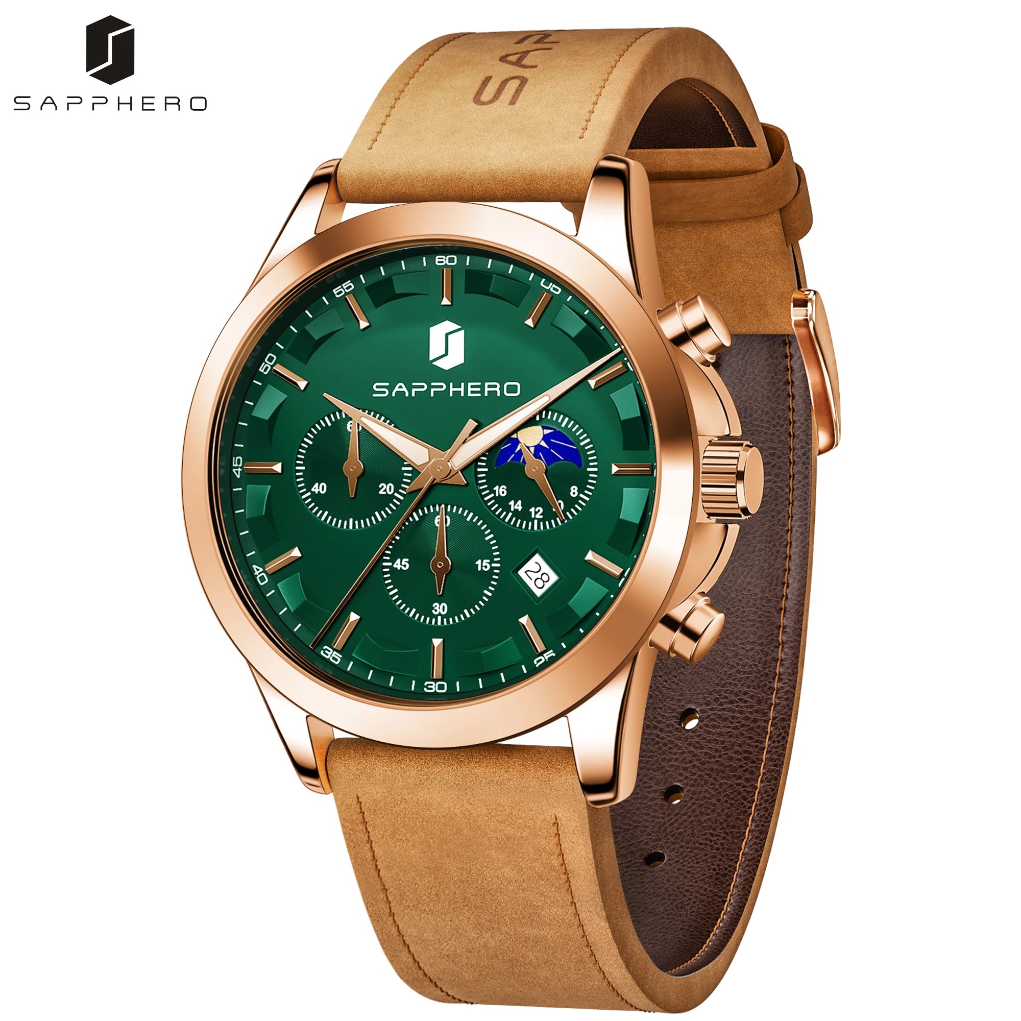 SAPPHERO Reloj Cronógrafo de Cuarzo para Hombre, Impermeable 5ATM, Cristal Hardlex, Correa de Cuero, Reloj Deportivo, Regalo Perfecto para Hombres
