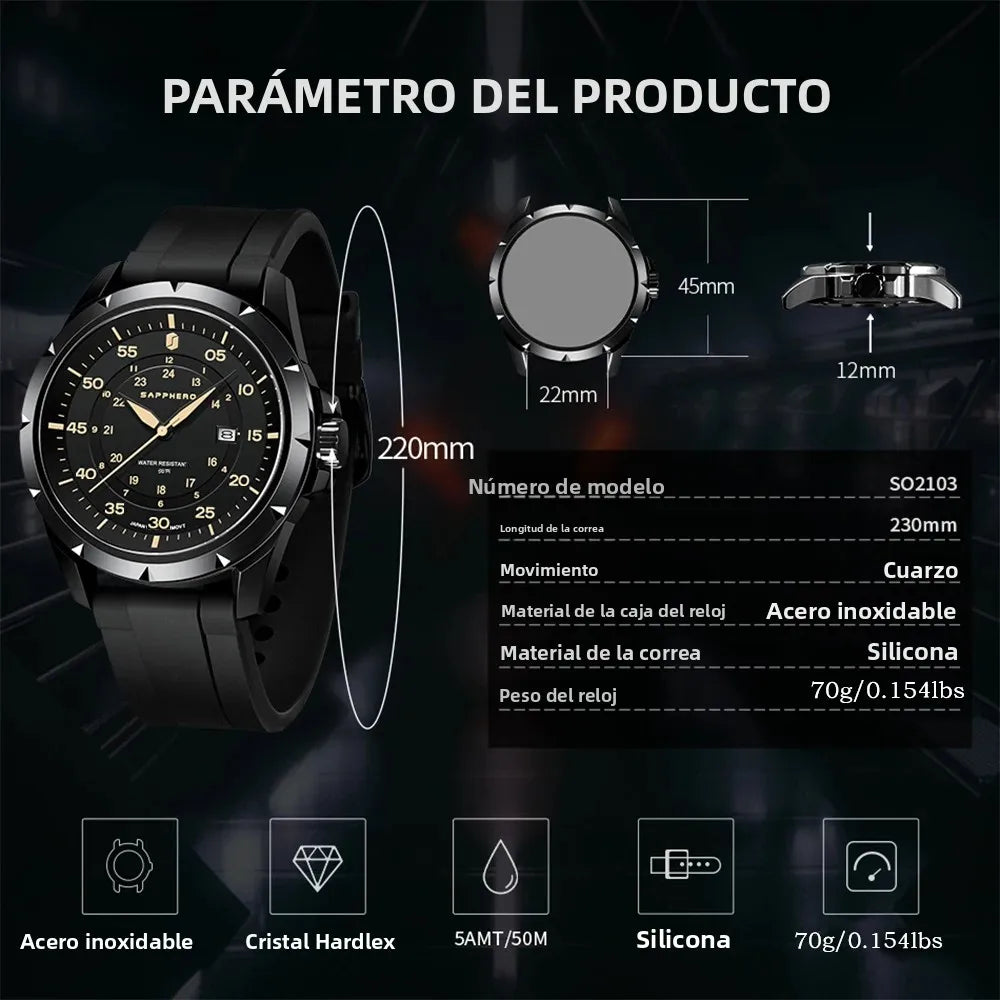 SAPPHERO Reloj Hombre Cuarzo Cronógrafo Deportivo Moda Acero Inoxidable Esfera Azul Pantalla de Fecha Impermeable 50M Estilo Casual Outdoor Reloj Elegante Negocios Lujo Regalo Hombre Uso Diario