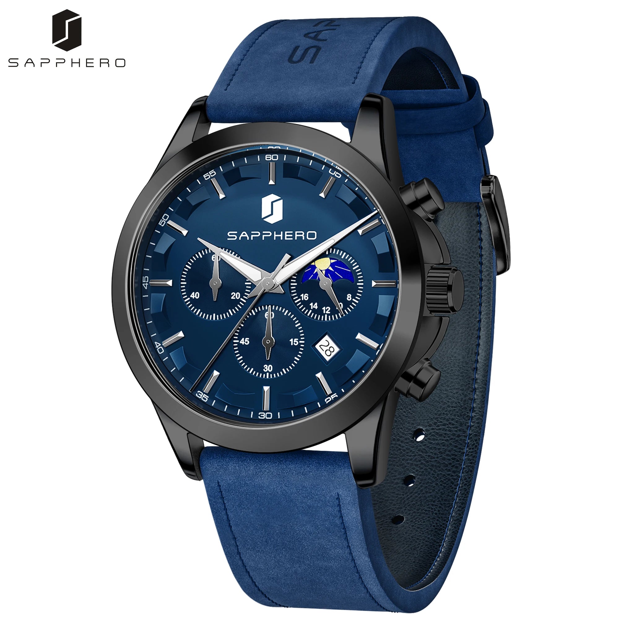 SAPPHERO Reloj Cronógrafo de Cuarzo para Hombre, Impermeable 5ATM, Cristal Hardlex, Correa de Cuero, Reloj Deportivo, Regalo Perfecto para Hombres