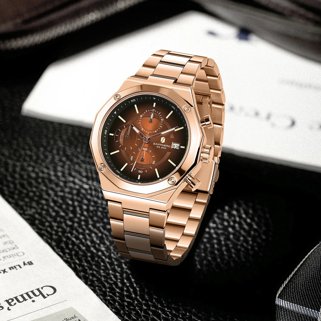 SAPHERO Reloj Cronógrafo Hombre de Cuarzo 5ATM Impermeable Acero Inoxidable con Fecha, Regalo Perfecto para Padre, Esposo, Novio para Navidad, Cumpleaños, San Valentín