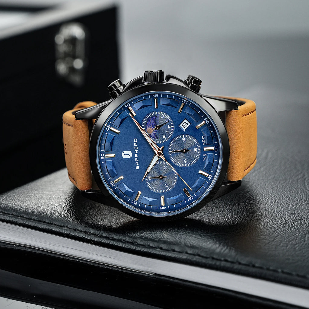 SAPPHERO Reloj Cronógrafo de Cuarzo para Hombre, Impermeable 5ATM, Cristal Hardlex, Correa de Cuero, Reloj Deportivo, Regalo Perfecto para Hombres
