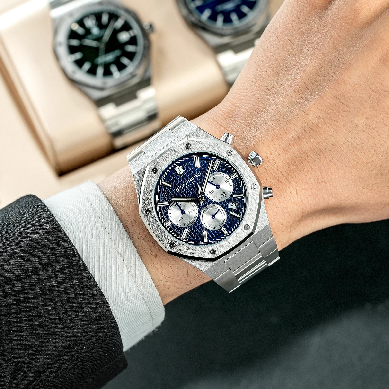 SAPPHERO Reloj Cronógrafo Hombre Cuarzo Resistente al Agua 50M Correa Acero Inoxidable Lujo Deportivo Negocios Esfera Azul Diseño Elegante Alta Precisión Ideal para Uso Diario Oficina y Regalo