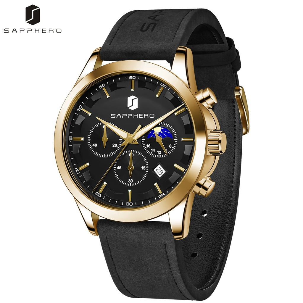 SAPPHERO Reloj Cronógrafo de Cuarzo para Hombre, Impermeable 5ATM, Cristal Hardlex, Correa de Cuero, Reloj Deportivo, Regalo Perfecto para Hombres