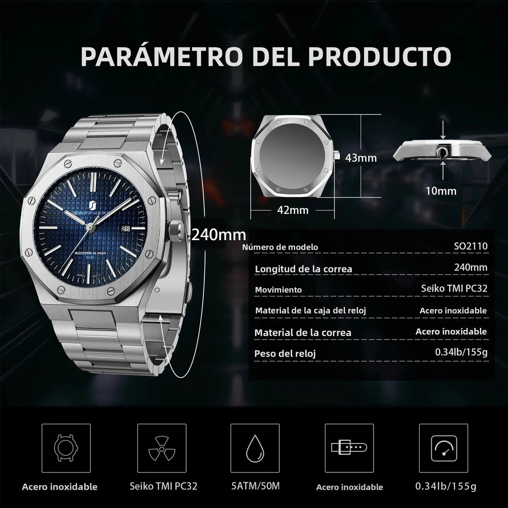SAPPHERO Reloj analógico hombre, acero inoxidable movimiento cuarzo alta precisión, visualización fecha, impermeable 50M, estilo negocio casual, resistente arañazos duradero, regalo ideal cumpleaños fiesta uso diario l