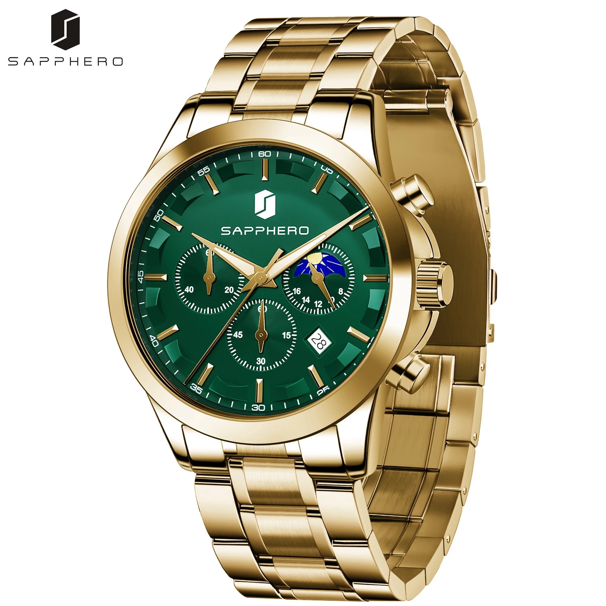 SAPPHERO Reloj Cronógrafo Hombre Lujo Esfera Negra Cristal Hardlex Correa Acero Inoxidable Impermeable 50M Reloj Deportivo Elegante Negocios Regalo Hombre Estilo Casual Uso Diario