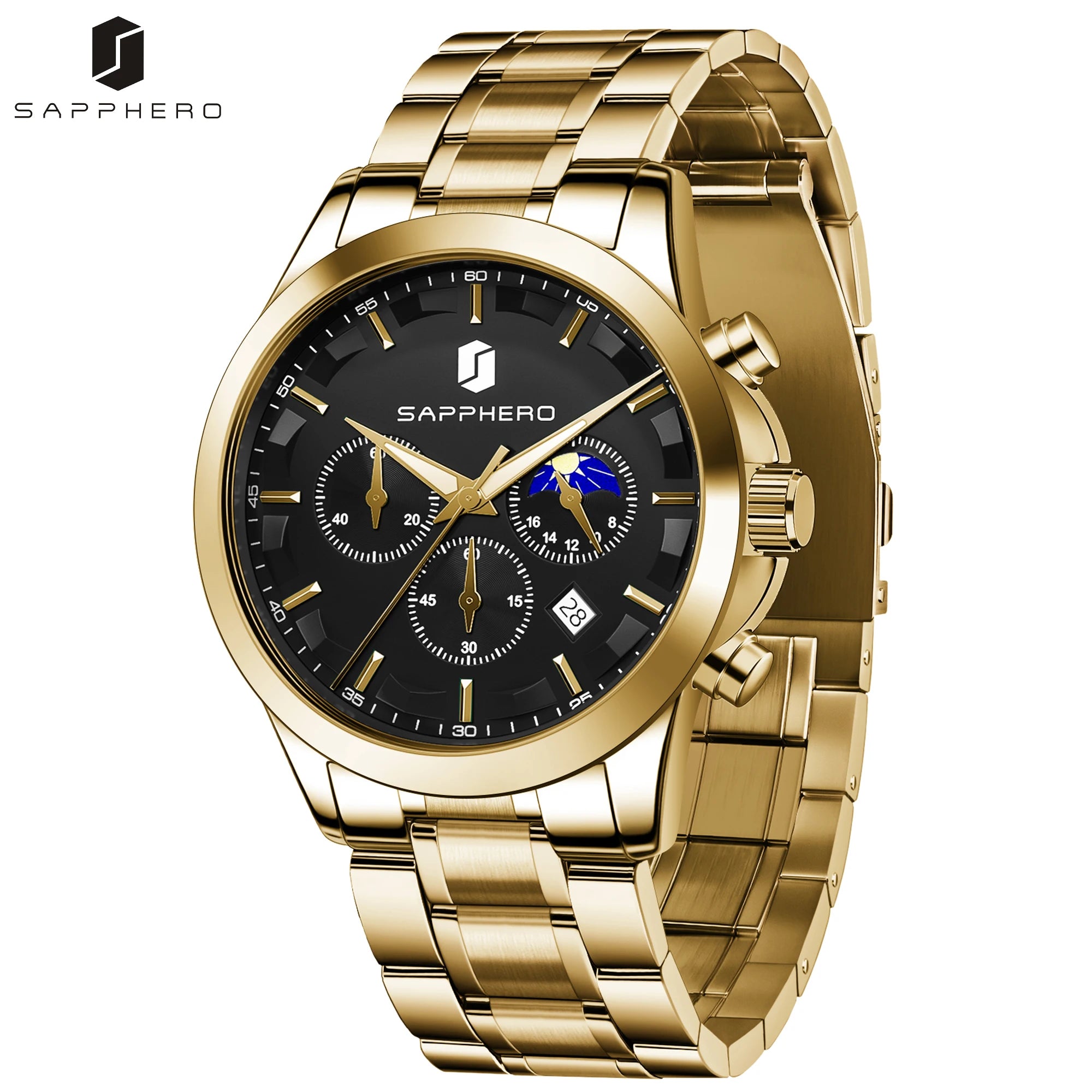 SAPPHERO Reloj Cronógrafo Hombre Lujo Esfera Negra Cristal Hardlex Correa Acero Inoxidable Impermeable 50M Reloj Deportivo Elegante Negocios Regalo Hombre Estilo Casual Uso Diario