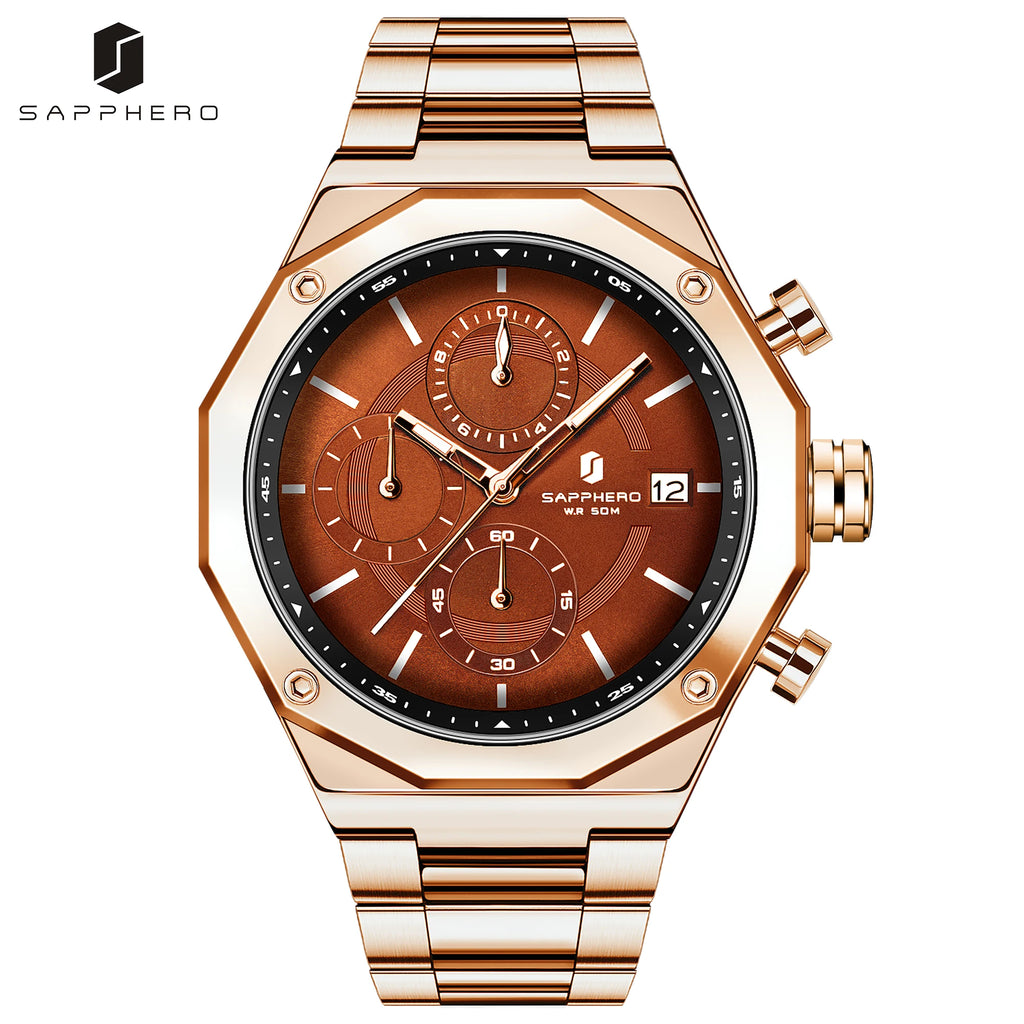 SAPHERO Reloj Cronógrafo Hombre de Cuarzo 5ATM Impermeable Acero Inoxidable con Fecha, Regalo Perfecto para Padre, Esposo, Novio para Navidad, Cumpleaños, San Valentín