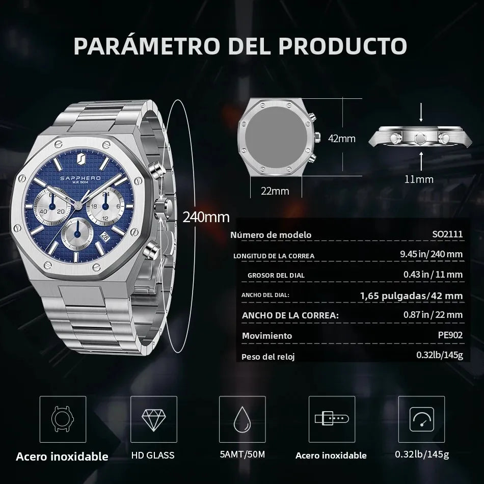 SAPPHERO Reloj Cronógrafo Hombre Cuarzo Resistente al Agua 50M Correa Acero Inoxidable Lujo Deportivo Negocios Esfera Azul Diseño Elegante Alta Precisión Ideal para Uso Diario Oficina y Regalo