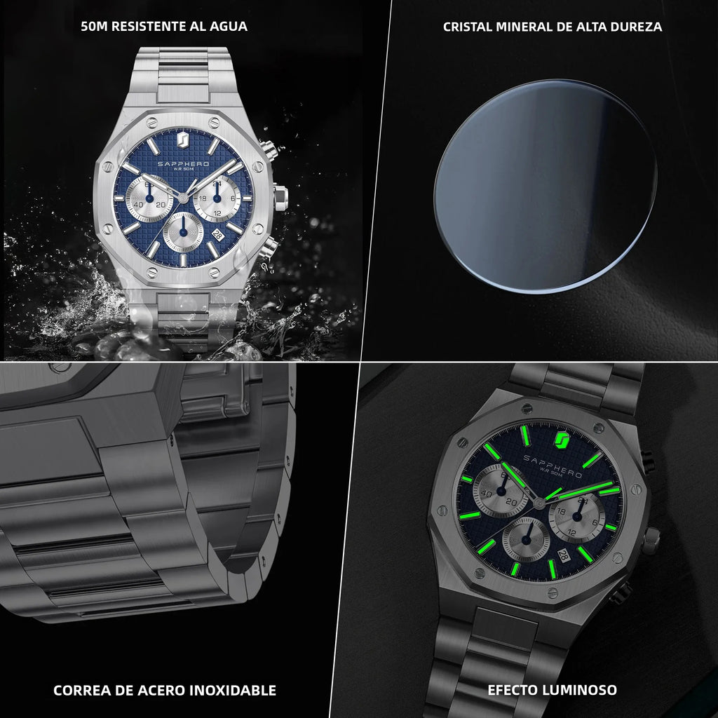 SAPPHERO Reloj Cronógrafo Hombre Cuarzo Resistente al Agua 50M Correa Acero Inoxidable Lujo Deportivo Negocios Esfera Azul Diseño Elegante Alta Precisión Ideal para Uso Diario Oficina y Regalo