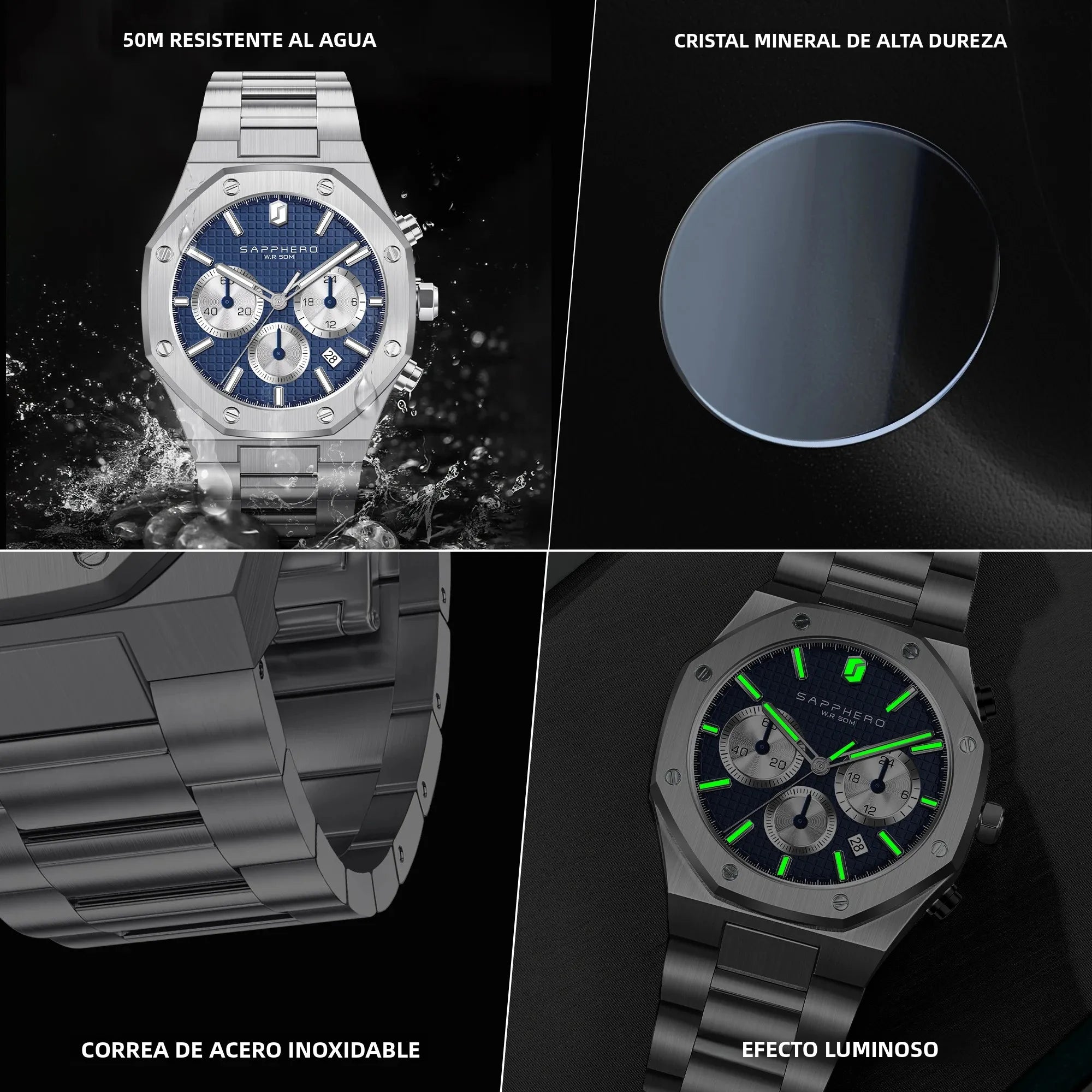SAPPHERO Reloj Cronógrafo Hombre Cuarzo Resistente al Agua 50M Correa Acero Inoxidable Lujo Deportivo Negocios Esfera Azul Diseño Elegante Alta Precisión Ideal para Uso Diario Oficina y Regalo