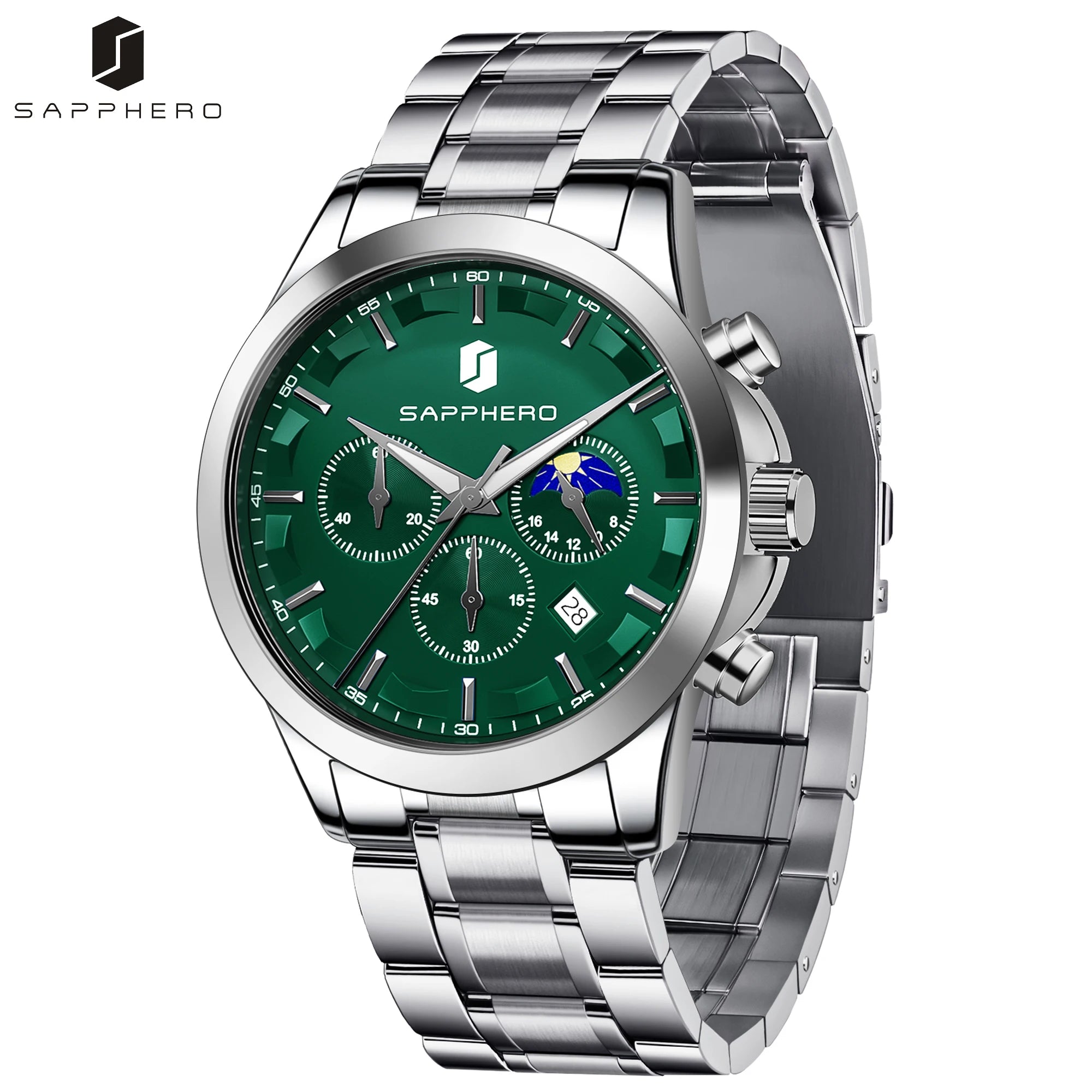 SAPPHERO Reloj Cronógrafo Hombre Lujo Esfera Negra Cristal Hardlex Correa Acero Inoxidable Impermeable 50M Reloj Deportivo Elegante Negocios Regalo Hombre Estilo Casual Uso Diario