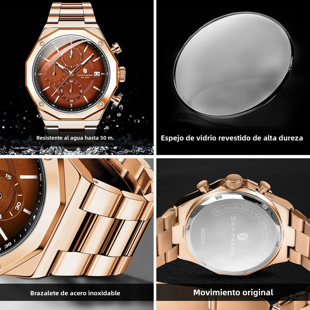 SAPHERO Reloj Cronógrafo Hombre de Cuarzo 5ATM Impermeable Acero Inoxidable con Fecha, Regalo Perfecto para Padre, Esposo, Novio para Navidad, Cumpleaños, San Valentín