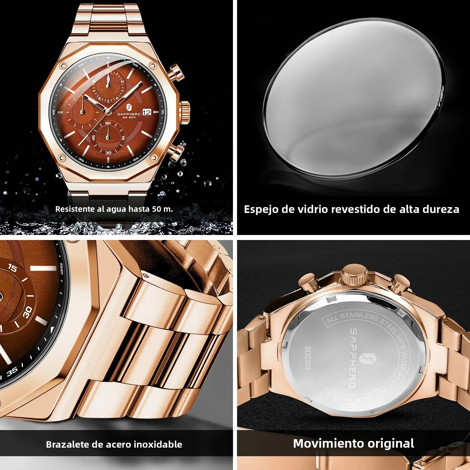SAPHERO Reloj Cronógrafo Hombre de Cuarzo 5ATM Impermeable Acero Inoxidable con Fecha, Regalo Perfecto para Padre, Esposo, Novio para Navidad, Cumpleaños, San Valentín