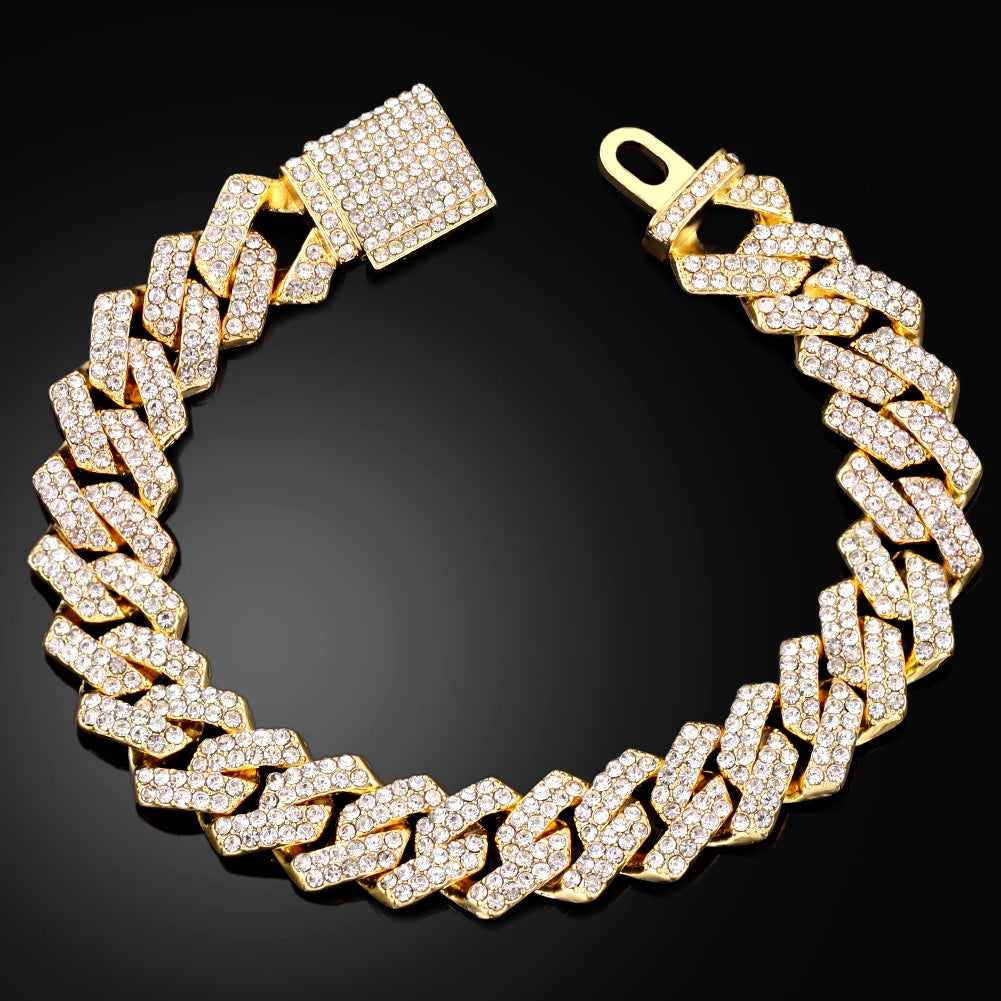 Pulseras de cadena cubana con eslabones helados de 14MM para hombres y mujeres, diamantes de imitación completos, pulsera cubana gruesa de Miami, regalo de joyería Punk Hip Hop