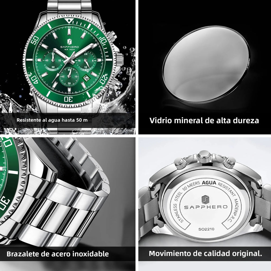 SAPPHERO Reloj Hombre Cuarzo Lujo Cronógrafo Deportivo Acero Inoxidable Impermeable 50M Fecha Luminoso Reloj Elegante Negocios