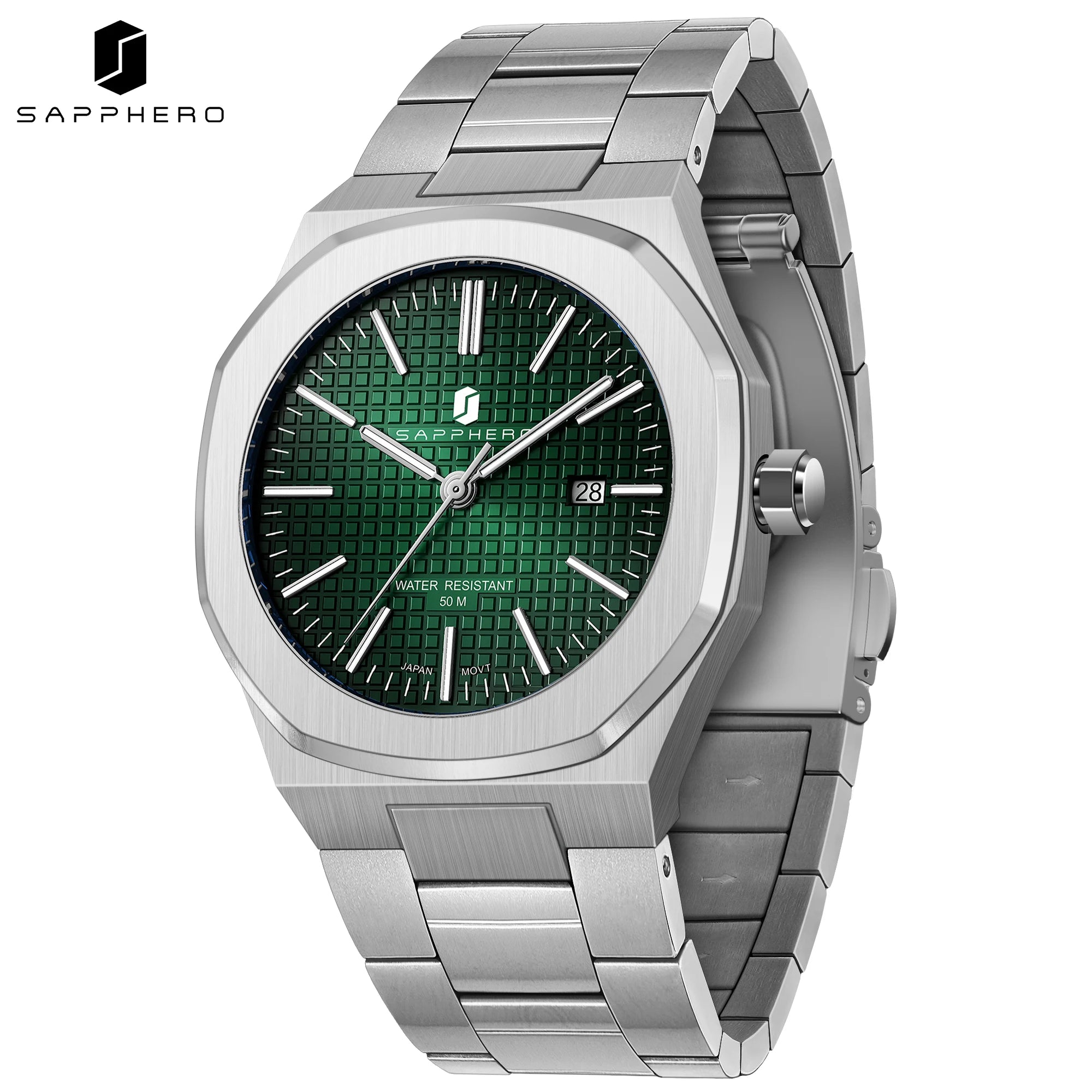 Reloj de cuarzo SAPPHERO para hombre, de acero inoxidable, resistente al agua hasta 50M, con indicador de fecha, manecillas luminosas, reloj de pulsera elegante para negocios, regalo duradero